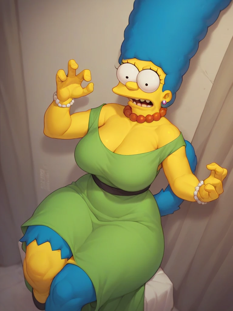margue simpson, huge thighs, huge tits, short green dress, blue fur, yellow skin, hands holding excessively giant tits, sexy 