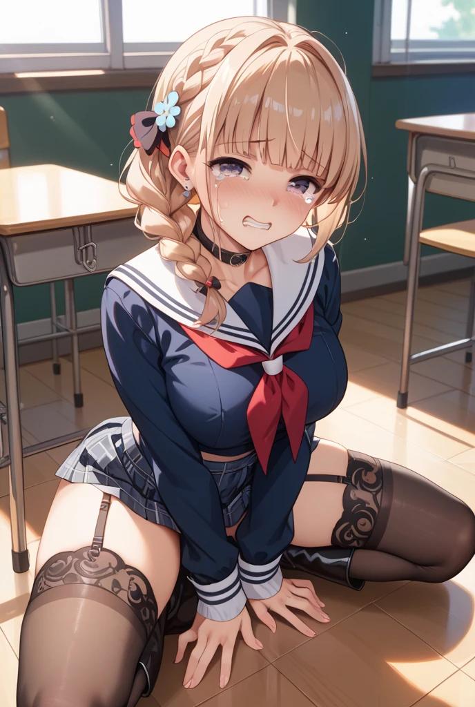highest quality、High resolution、detailed background、beautiful and detailed face、beautiful and smooth skin、skin texture、professional lighting、Beautiful teenage girl、(huge breasts:1.3)、((sexy sailor suit))、Pleated mini skirt with tartan plaid pattern、cute hairstyle、white knee high socks、
((tied to a chair in the classroom、tied to a classroom desk、the whole body is restrained、Hands and feet are restrained、))、tied up and legs spread、emphasize the chest、underboobを強調する、No bra、chest is restricted、Arms are tied、tied up with a rope、 underboob、panty shot、stripe々panties、camel toe、
looking at me like that'Looks like I'm going to cry、Are crying、Plug your mouth、sexually restrained、on the desk in the classroom