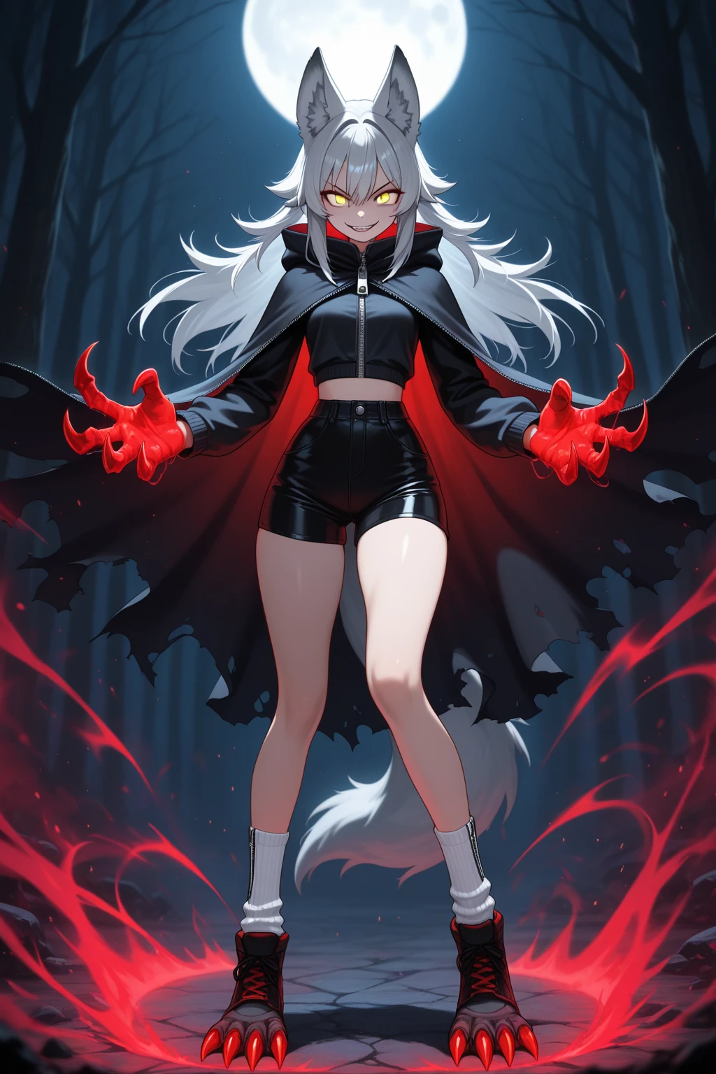 a beautiful detailed kitsune woman with long white fox ears and tails, glowing yellow eyes, highly detailed mature and curvy figure, large breasts, holding a towel, ruling over a lake with a huge red blood moon reflecting in the water, surrounded by a burning forest full of charred corpses, terrifying smile with glowing yellow eyes, body covered in dark sinister stains, (best colors,extreme detail description,professional,horror,fantasy, lake of blood