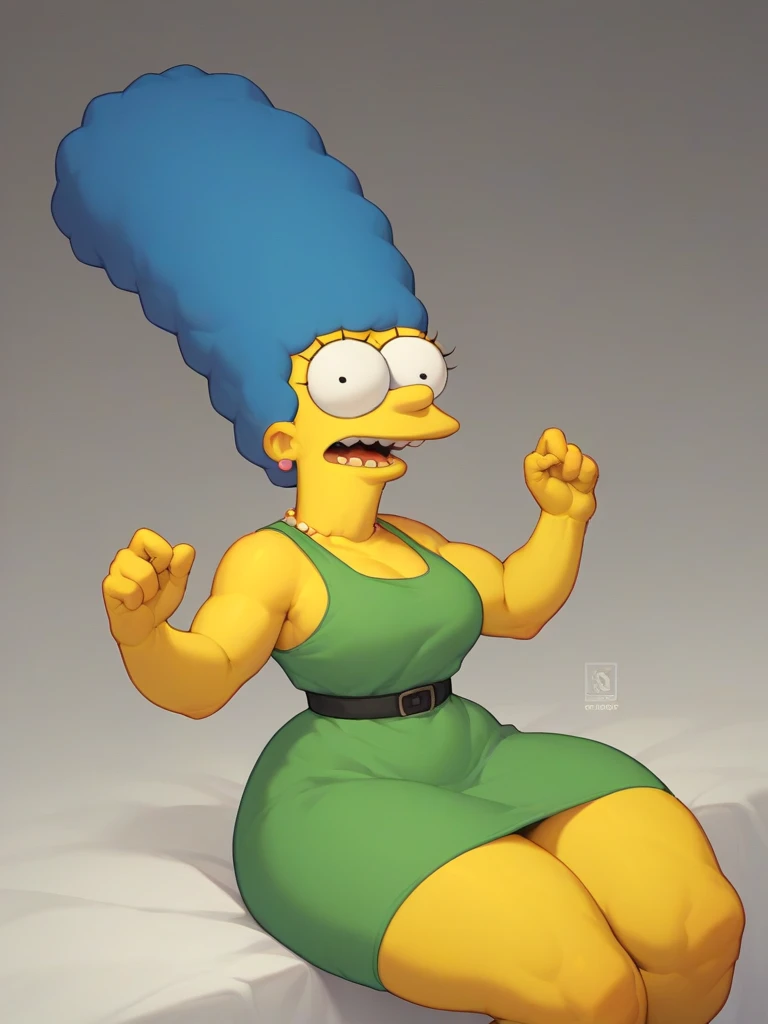 margue simpson, huge tits con enormes muslos anchos, huge tits, surprised expression, ojos mirando sus huge tits, short green dress, blue afro hair, yellow skin, big thighs