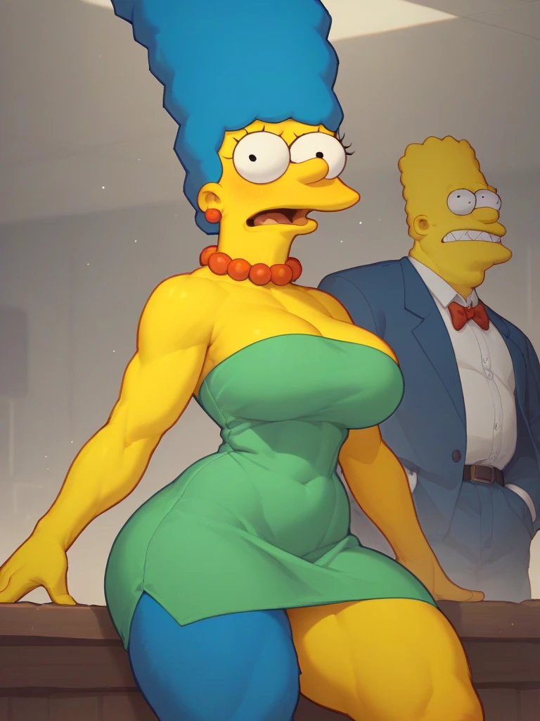 margue simpson, huge thighs, huge tits, short green dress, blue fur, yellow skin, hands holding excessively giant tits