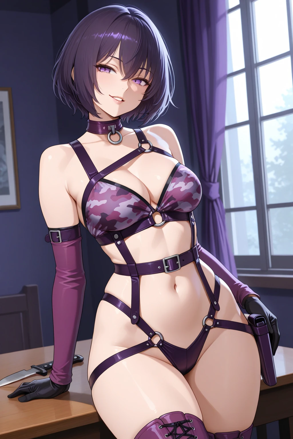 NSFW,masterpiece,Highest quality,High resolution,Very detailed,Elena Blavatsky、Purple Hair、short hair、(Purple eyes:1.1)、Shoulder Bare、belt、beret、ribbon、- Detachable collar、Removable sleeves、hat、leotard、紫色のhat、紫色のleotard、赤いbelt、白いribbon、White sleeves、