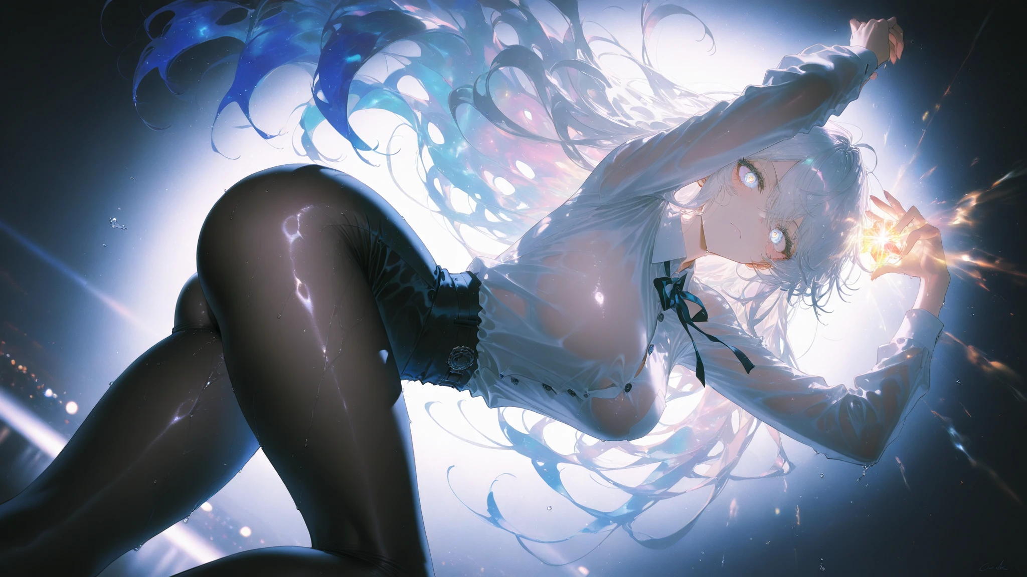 ((masterpiece, best quality)), Delicate face，goddess，whole body，Long legs，Standing picture，Perfect body proportions，Long wavy hair，beautiful eyes，Fantasy style，Extremely beautiful，Pure white background，Water Ripples，transparent，Sexy Lingerie，chain