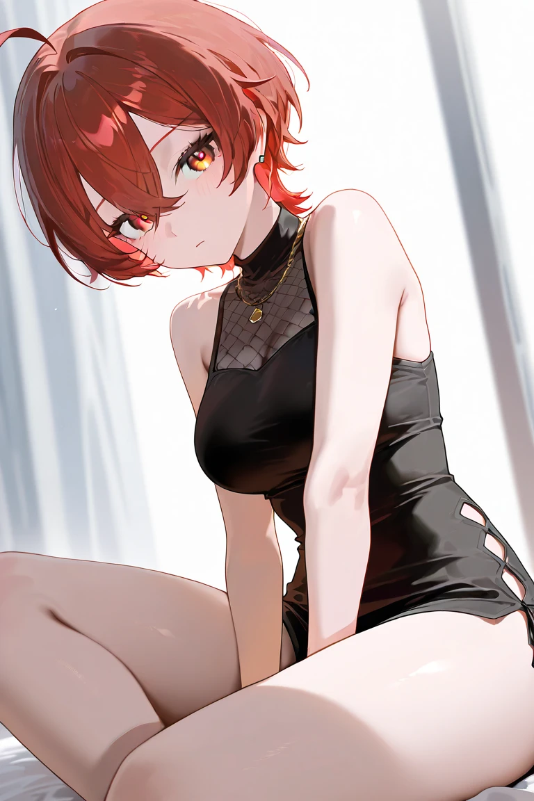 md-mech:1.15, upper body, md-mech-1girl, big medium breasts, lace bras, lace see-through black Long Boxer Briefs, upper body, 1gilr, md-mech:1.25, bras, see-through lace bodystockings Briefs, red short hair, md-mech:1.25, looking viewer, standing stylish, hands on hips, - water stream banks, tree, vegetation, sunlit, blue skys