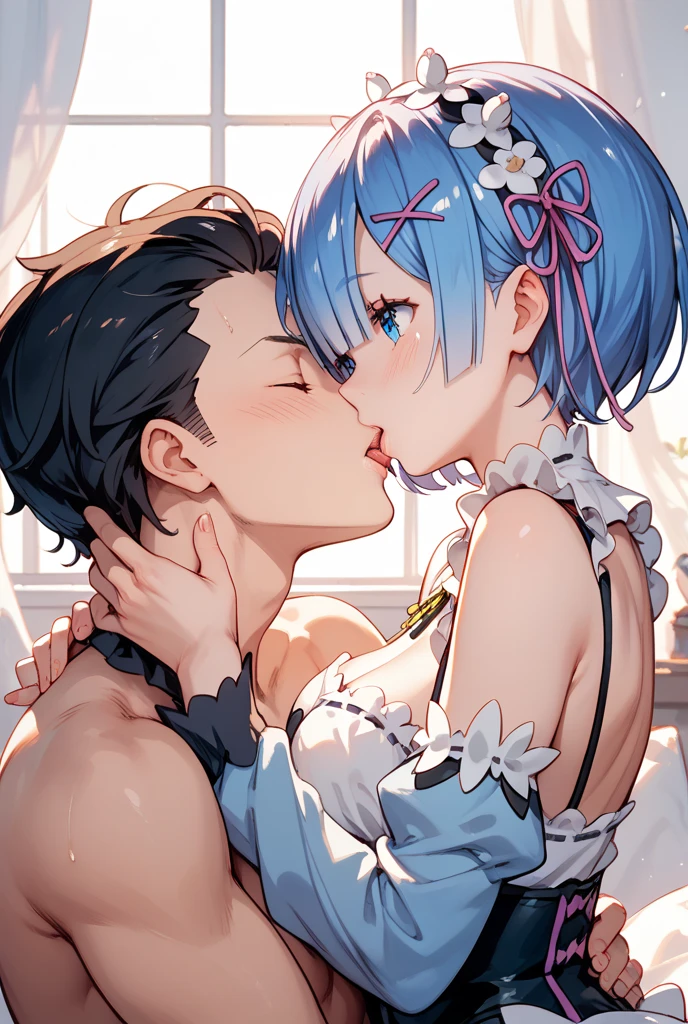 (man and woman kissing:1.6), (French kiss:1.6), (masterpiece, Best Quality, high resolution, nffsw, Perfect Pixel, depth of fields, 4K), , Perfect body, , (boy and girl:1.6), (2 human in picture:1.6) boy on top, Eft_ReZero_Rem, rem (re:zero), blue hair, , blue eyes, roswaal mansion maid uniform, short hair, maid, hair over one eye, hair ornament, breasts, detached sleeves, ribbon, x hair ornament, cleavage, hair ribbon, , maid headdress, anime coloring, pink ribbon, , parody, , neck ribbon, frills, bangs, black ribbon, (large boob:1.2) , nsfw,(ecstasy:1.3) ,(slut:1.2),(vulgarity:1.3),(fucked silly:1.1),(steam:1.1),(wet:0.8),(trembling:0.8),(tears:0.7) ,(drooling:0.6),(sweat:0.8), wince,(orgasm:1.5), , (nipples:1.4), , ,,(hardcore,sex:1.4), , (boy fondle girl's breasts:1.6) ,