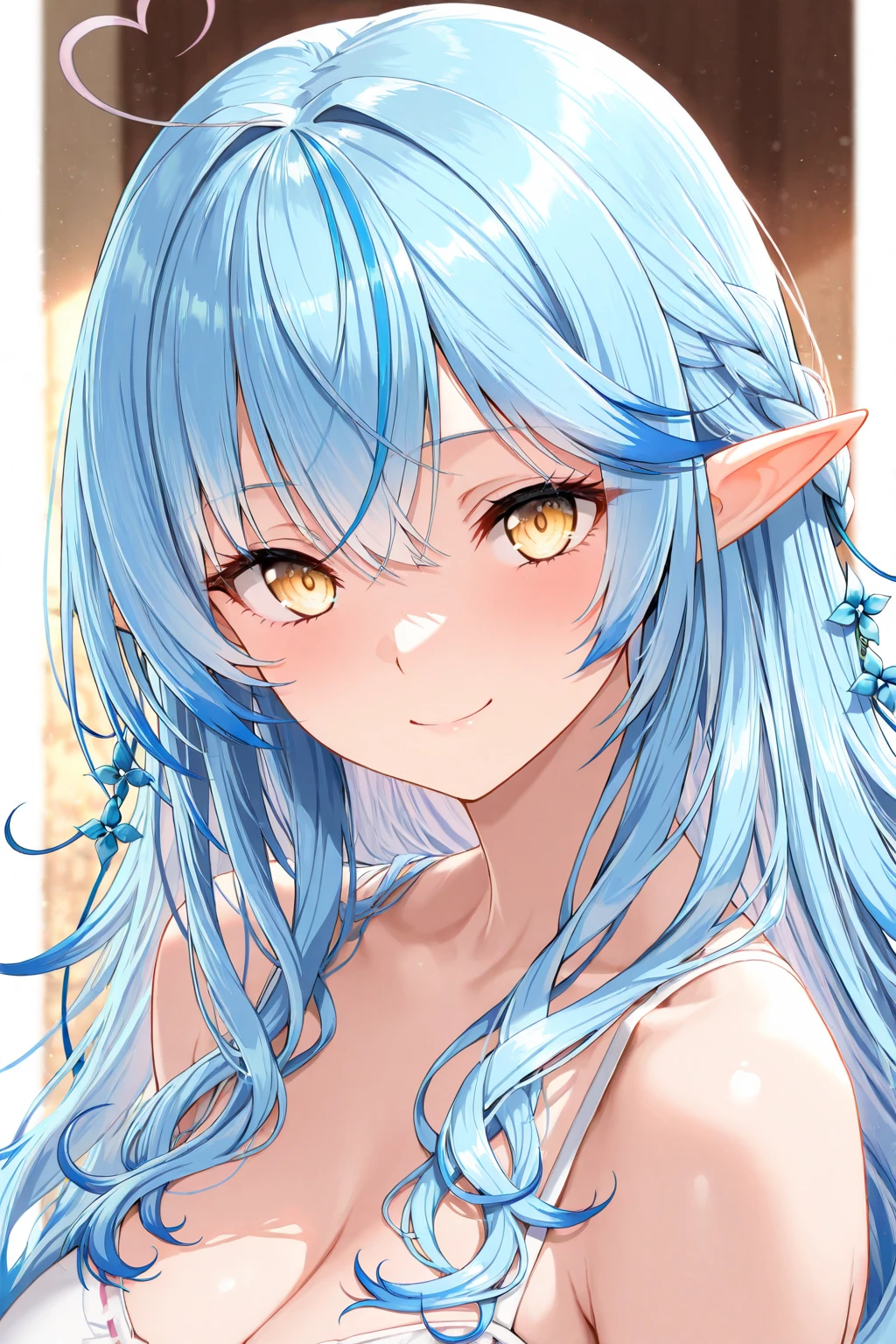 Masterpiece、Anime Coloring、Ultra fine、16K、Highest quality、from above、upper body、looking up、light smile、((((blush))))、sparkle in the eyes、detailed eyes、Looking up、bed、((Elven pointed long ears))、Stylish room、Cute floral pajamas、((Sky blue color bra))、Small breasts、Yellow Eyes、Cleavage、Silver Hair、Long Hair