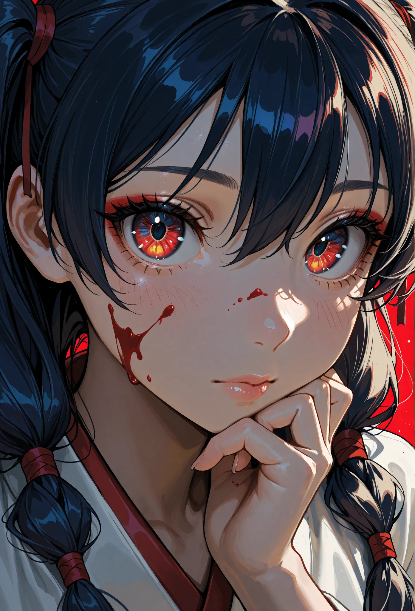 of a real,Perfect facial features,Realistic skin texture,Cute baby vampire girl,closeup cleavage,head portrait,with her mouth open,(See the throat:1.4),Blood-red eyes,(long canine teeth:1.4),There is blood on the teeth,long whitr hair,(blood stains at the corners of the mouth:1.4),Blood,depth of fields,dynamic blur,high light,Real light,Ray traching,oc rendered,Hyper-realistic,best qualtiy,8K,Works of masters,super-fine,Detailed pubic hair,Correct anatomy,sharp focus on eyes,Bokeh,Facial features are carefully depicted