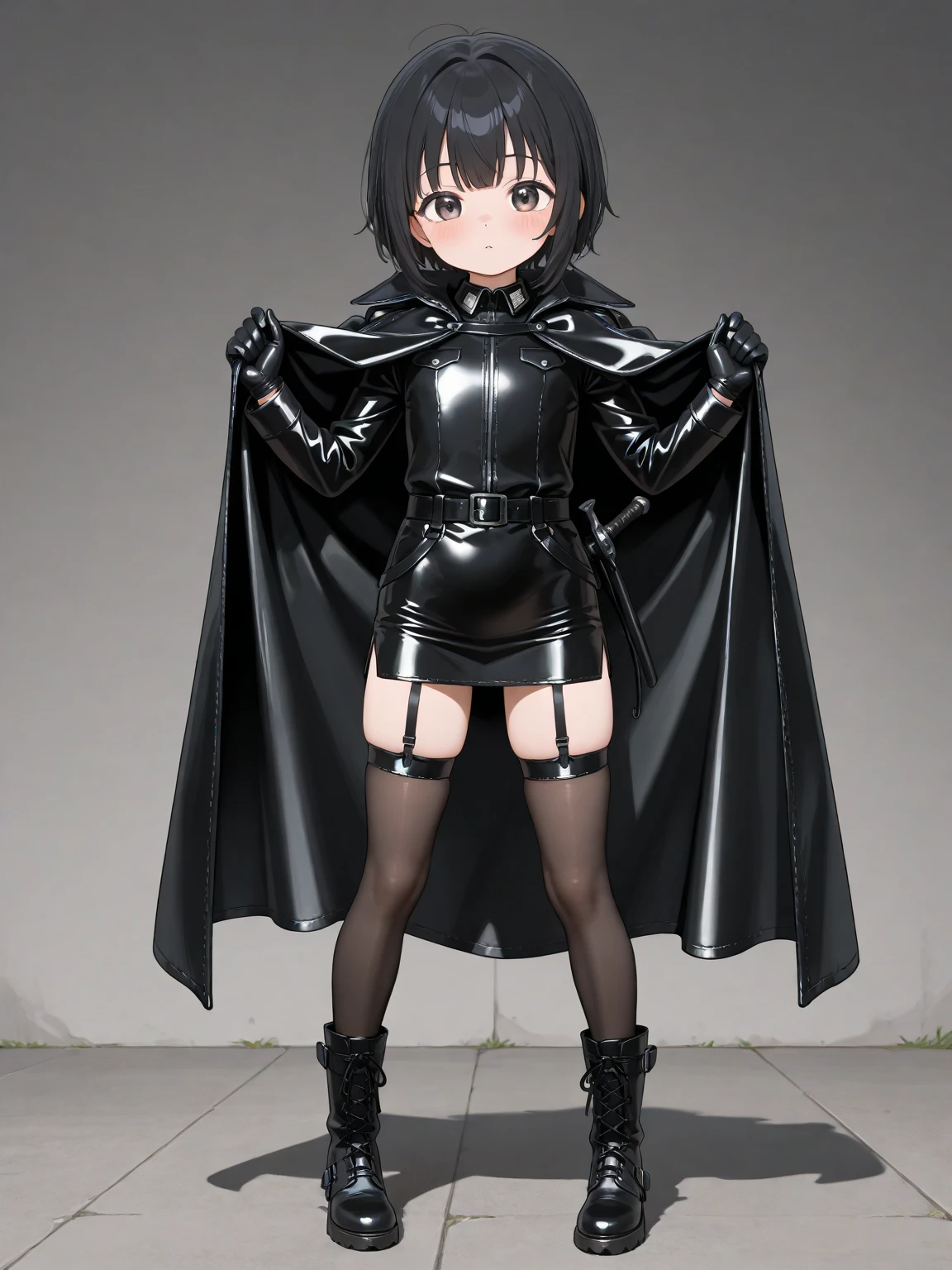 Woman wearing a black cloak、Pregnant Thief、Holding a knife、Black Leather Boots、leather armor