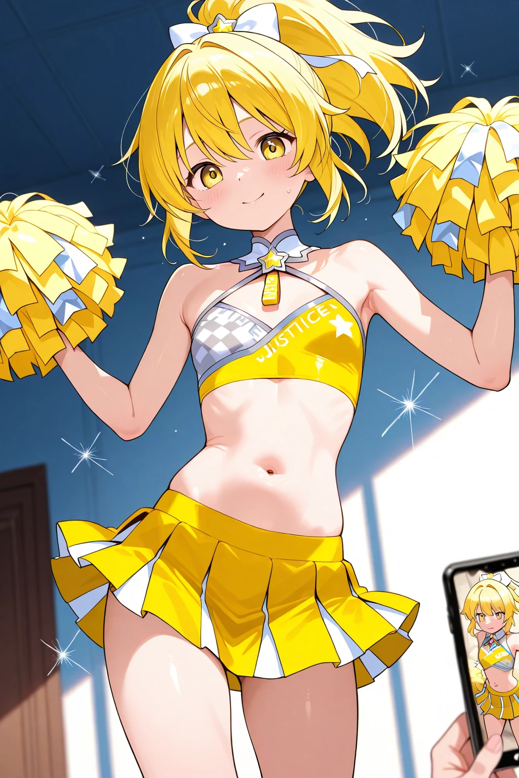 (((anime-style cute face))),(((One Girl、Kagamine Rin、Age 25))),Highest quality, (Sharp details), (8k, RAW Photos, Highest quality, masterpiece), (extremely detailed 8k wallpaper),Professional Lighting,Sharp focus, Depth of written boundary、Ticker,(((Face close-up)))、(looking at the camera),((((very happy face))))、Very big eyes、anatomically correct body、Big thighs、Light from the front、The face is bright、Cute big tits、Slightly muscular、((((Track and field uniforms are white and yellow))))、（The costume fits perfectly）、Cleavage、Belly button、（The frilly mini skirt is black）、Shot from above、lure、Lots of sweat、Accentuates body lines、Side Shot:1.3