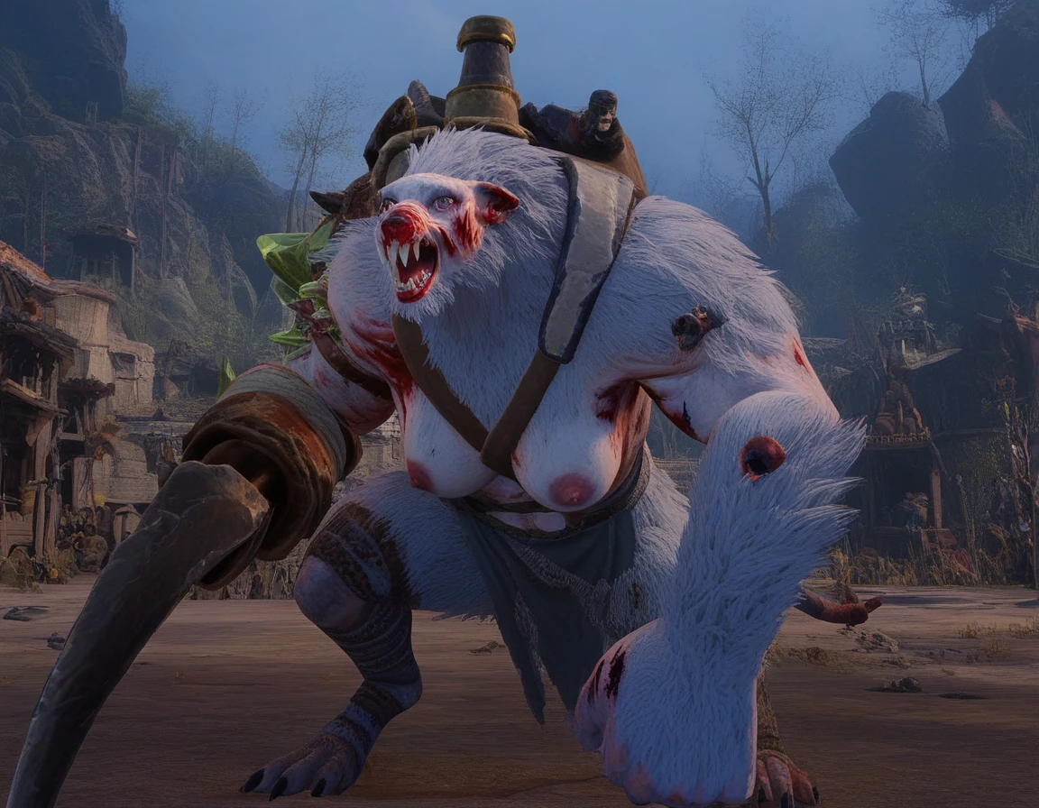 score_9, score_8_up, score_7_up,
RatOgre,female, monster, white fur, bloody, prosthetic weapon,
looking at viewer, muscular, solo,
 <lora:RatOgre_PonyXL:0.8>