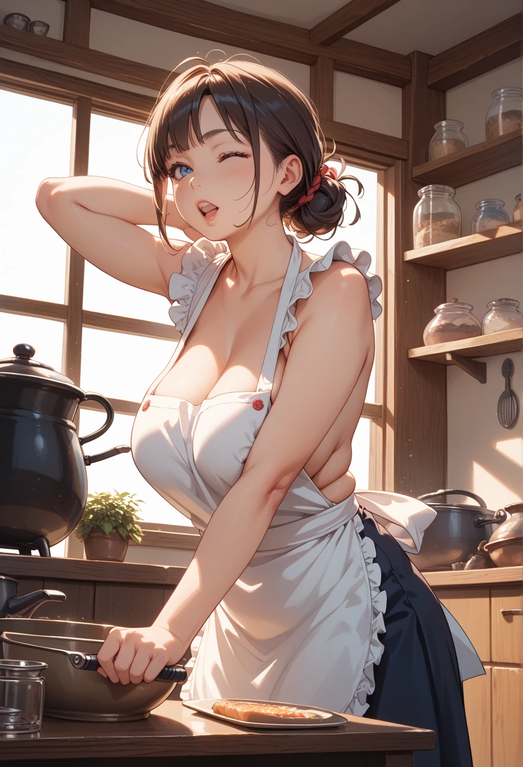 ((((Masterpiece, high resolution)))), 1girll, White hair, Purple eyes, waved hair, mediuml breasts, Blush, Light smile, Open lips, Glow, Thighs, cropped shoulders, 鎖骨, Narrow waist, cleavage, (Beautiful detailed face, Beautiful detailed eyes), (NAKED Apron, Kitchen, arms back behind, ), Best quality, (Masterpiece)