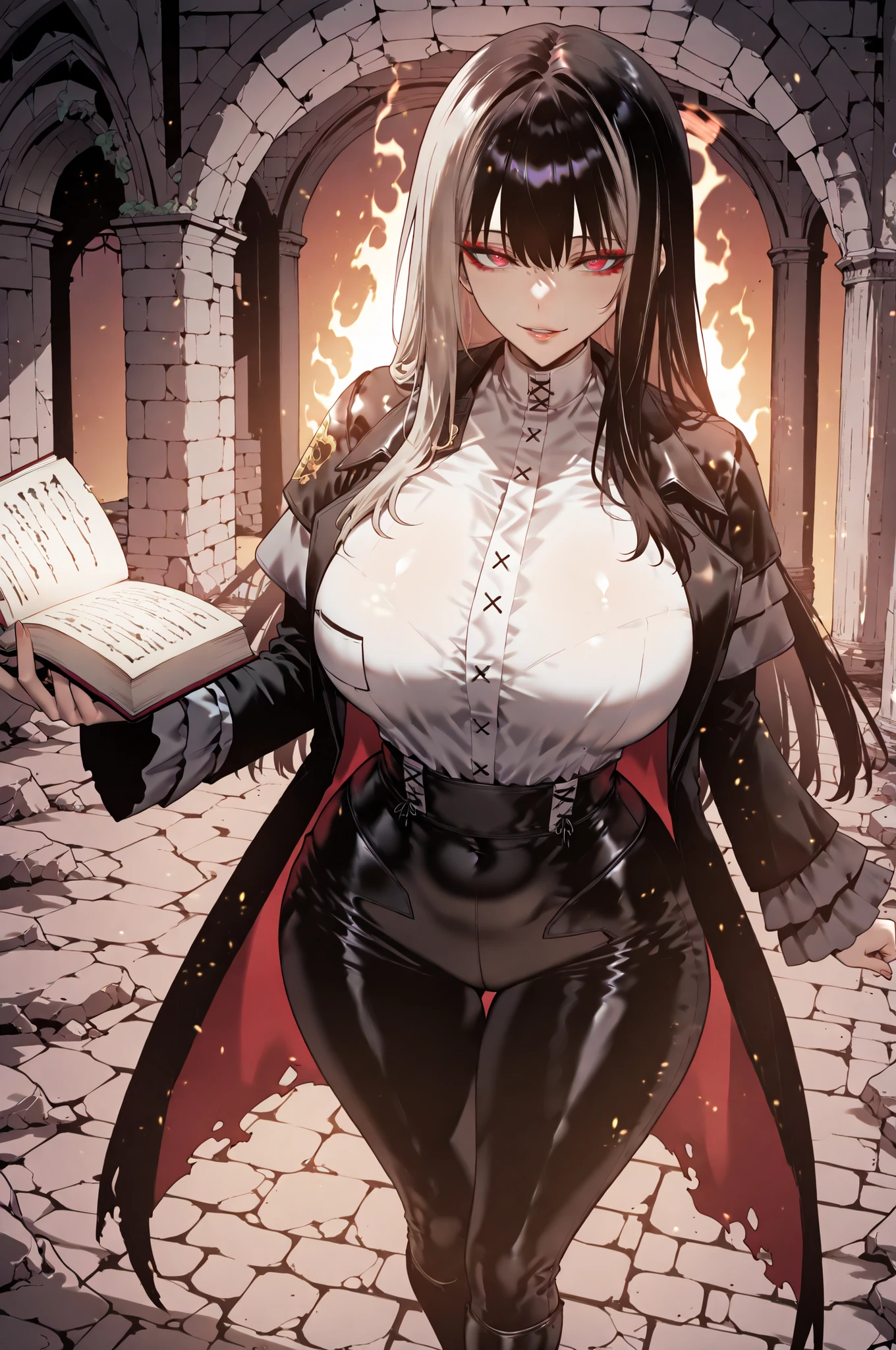 taken from above、caveの中、Ruins、black suit、black longsuit、 black long jacket、ゴスロリなshirt、Depressed、Tall Woman、A woman in her thirties、 Alassah's woman、Steins;Gate、 black longsuit 、score_9, score_8_up, score_7_up, Source_anime,masterpiece、No expression、no makeup、top quality,beautifully detailed eyes in a logistics warehouse, Exquisite Eyes、A sophisticated eye、highly detailed eyes and faces,unmotivated expression、lethargic face、 long breasts, Black Jacketを羽織る、Black Jacket、shirt, big saggy breasts, shockingly big breasts, big breasts,big boobs、boobs 、Zitoida, makeup、no makeup、long hair、smooth straight hair、black slacks、tall woman、Tall Woman、plump thighs, parted lips、 shining eyes,(Fire Aura Onkown),dungeon内、Crimson Eyes、long hair、dark haired、黒い髪、Long Straight Hair、dungeon、cave、Ruins、solo、soloプレイヤー、red aura、 Crimson Aura 、Wide ass、beautiful butt、and stick your butt into the focus of your butt、long boots、Shoulder Armor、Fearless Laugh、strong、Is confident、suit pants、黒いlong pants、Black Skinny、long pants、Dynamic、Satu、fight、Satu狂、俺だけレベルupな件、arrogant、 Confidence々The smile 、bewitching smile、Sadist、Satu中、hunting、hunting、intimidating、magic使い、magic、Spell Book、magic、Spell Book、magicの本、Floating Book