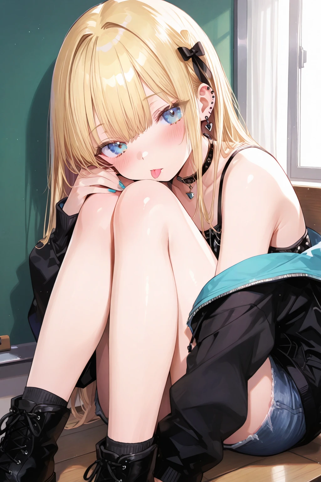 最high quality、best image quality、masterpiece、teenage girl((20-year-old、 By becoming、vest bust、medium bust,wide open breast tea、black eye, blonde hair、long hair、thin,highest valley、blue sports bra、Blue sports pants、stretch、sweating、scattering of sweat)),high quality、beautiful art、background((black room))debris flies、Depth of written boundary、movie、visual art、perfect art、8k,genuine、erotic