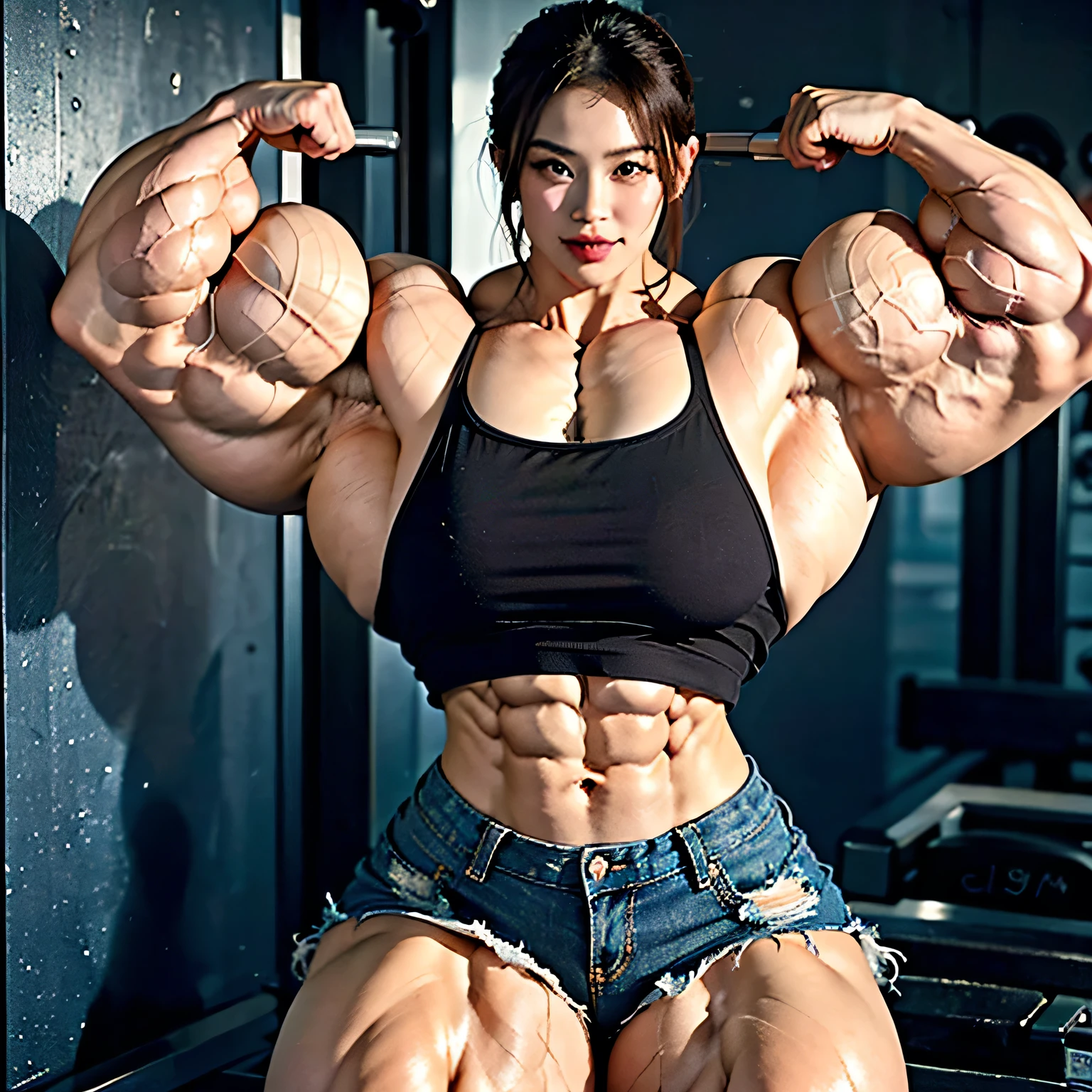 (Best quality,8K,ultra high res:1.5),(very beautiful pretty long straight ponytail low tied hair korean actress girl),(Huge breasts:1.50),(very voluptuous body),(body builder girl:1.5),(wide muscle:1.8),(very light black hair),(moles),(very very slender breasts),(happy smile orgasms expression),(sexy abdominal muscles),(red ribbon) (eyes to camera) (light pink bikini:0.80,(sexy thighs),(cover:1.8),(hot pants:0.50),(back side view),(top view)