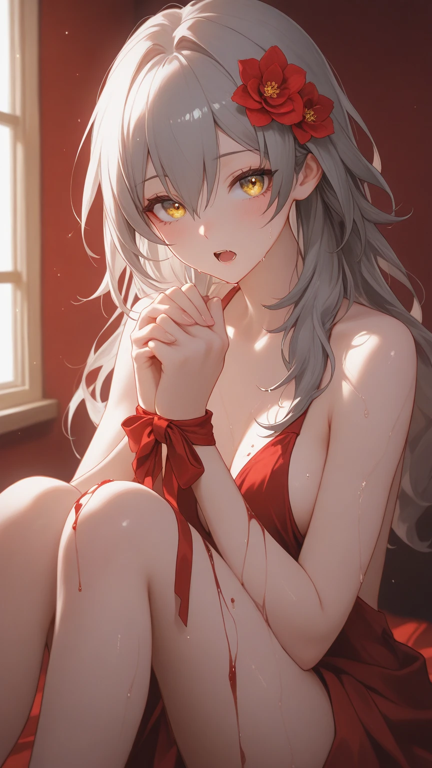 close your eyes、red eyes、(red tattoo)、(open your mouth wide)、shout、((dirty body))、dirty face、expression of pain、(((naked)))、Beautiful female magician、blonde twintails、touch your thighs with both hands