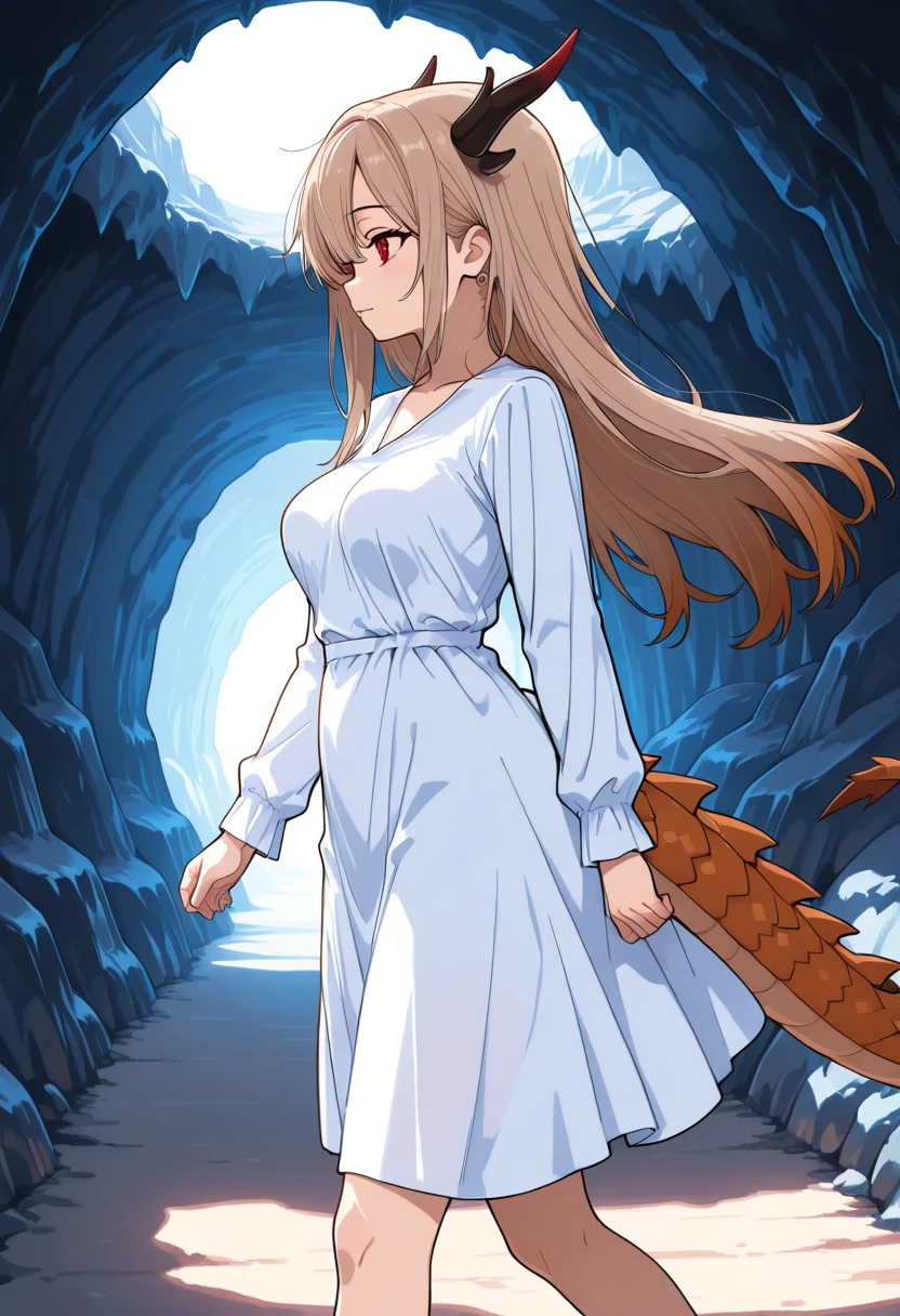 score_9, score_8_up, score_7_up, source_anime, masterpiece, 1girl, tania, red hair, eyes, dragon tail, outdoors, from below, white leotard, royal dress, skin fang, blush, happy, standing on a cliff
