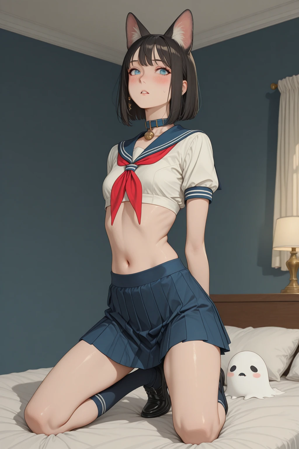 最high quality , high quality , High resolution , Detailed CG , high school girl , short hair , Sailor suit , Navy Blue Skirt , slender , Modest chest , Beautiful small hips , Black Hair , Two limbs , Optimal ratio , Embarrassed expression , Burning cheeks , Sweating , Love Hotel , sofa , Dark Room , Nipples are visible , touching one's own breasts with one's own hands , facial expression during orgasm ,