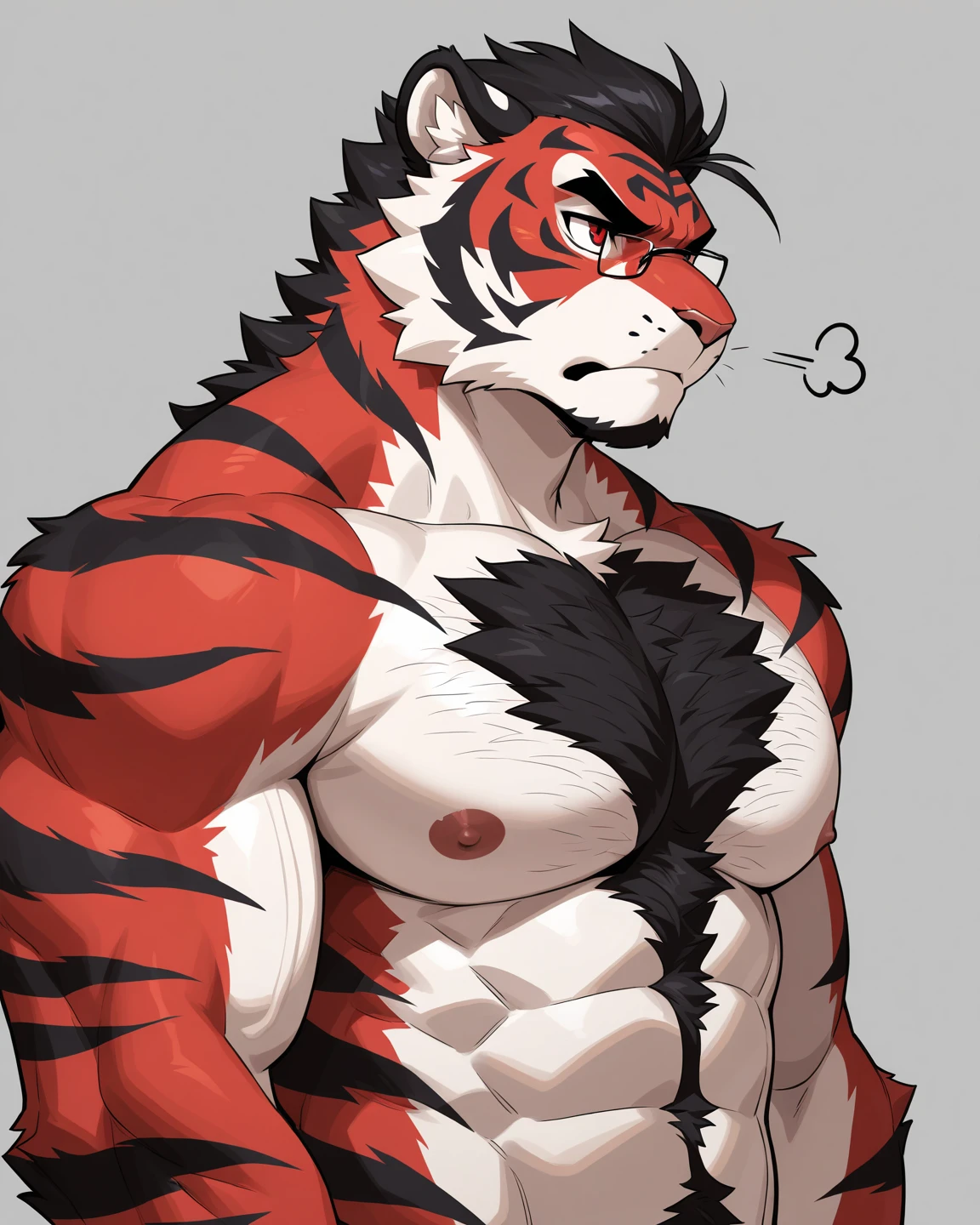 tiger, man, alone, black background with dark red edges, shirtless, muscular, beard, no mustache, chest hair, armpit hair, black pants, looking at viewer, smiling, white sharp teeth, suggestive look, slightly sweaty