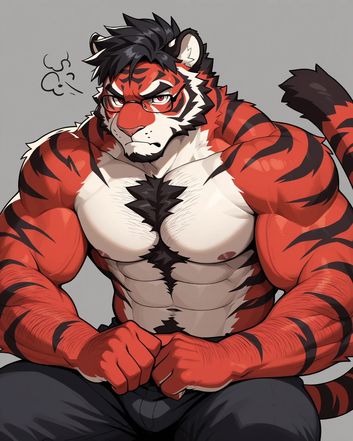 there is a cartoon of a tiger and a dog wrestling, furry chest, muscular wolf hug muscular tiger back, muscular wolf stand behind, hug from behind