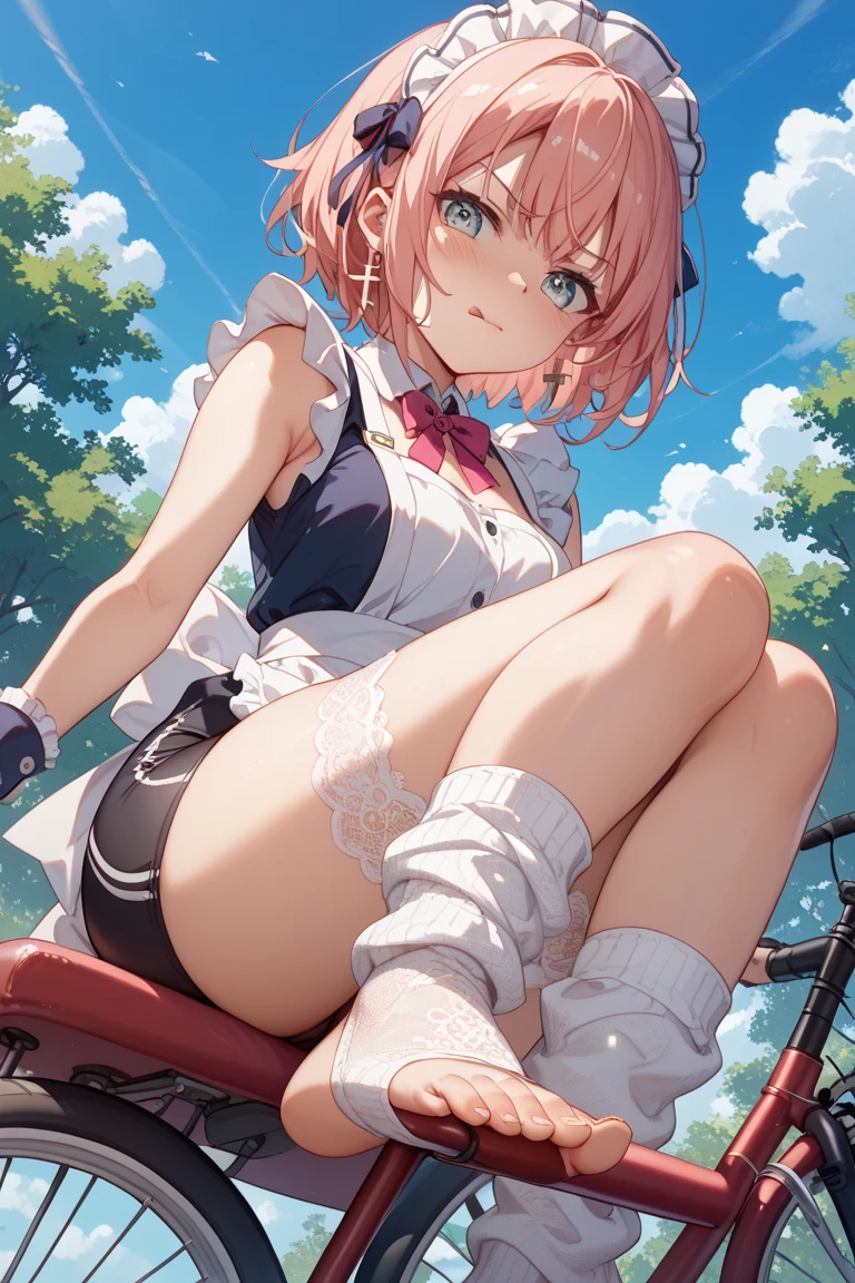 (Two Shotas:1.5), (baggy:1.4), (Black tank top:1.3), (White panties:1.3), (bulge&erection:1.2), (Looking up:1.4), The wind is blowing, (((Highest quality))), (((masterpiece))), (((Super detailed))), (skinny:1.3), ((Spiked Hair)), (The wind is blowing), ((Pink Hair)), Wine red eyes, Raise your arms, ((smile)), (Open your mouth), ((Earrings)), blue sky, Grass, (Choker on neck), Underarm, Sweaty skin, ((Wet clothes)), Nipples, center, (Shooting from below),