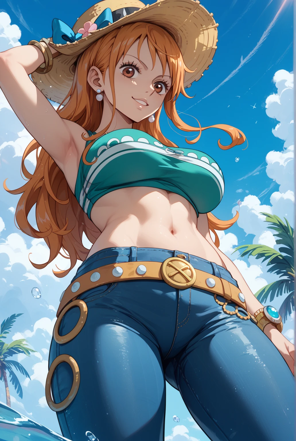 ((Highest image quality, highest quality, highest resolution, masterpiece, details, real photo)) a girl, Nami, One Piece, beautiful, blonde, hood, breasts big, big hips, big butt, big thighs, slim waist wearing a blue and white striped bikini top and tight jeans, a happy expression, holding a gold coin in one hand, a blue staff in the other, standing on the beach, full body, looking at the camera, facing