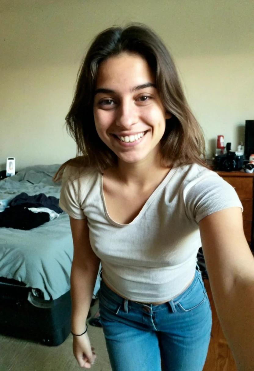 Super tall arabic girl. ((3 meters tall))Wearing jeans and a t-shirt., busty, breasts sticking out of shirt. Smiling, blushing. Massive girl. Taller than The roof. Belly exposed. Teenager. ((Photo taken from really close and looking up to her breasts))