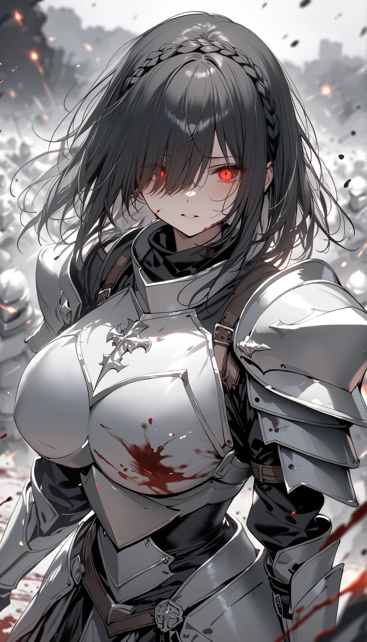 female knight Black Hair armor Torn white skirt No underwear battlefield Big Breasts Blood splatter
