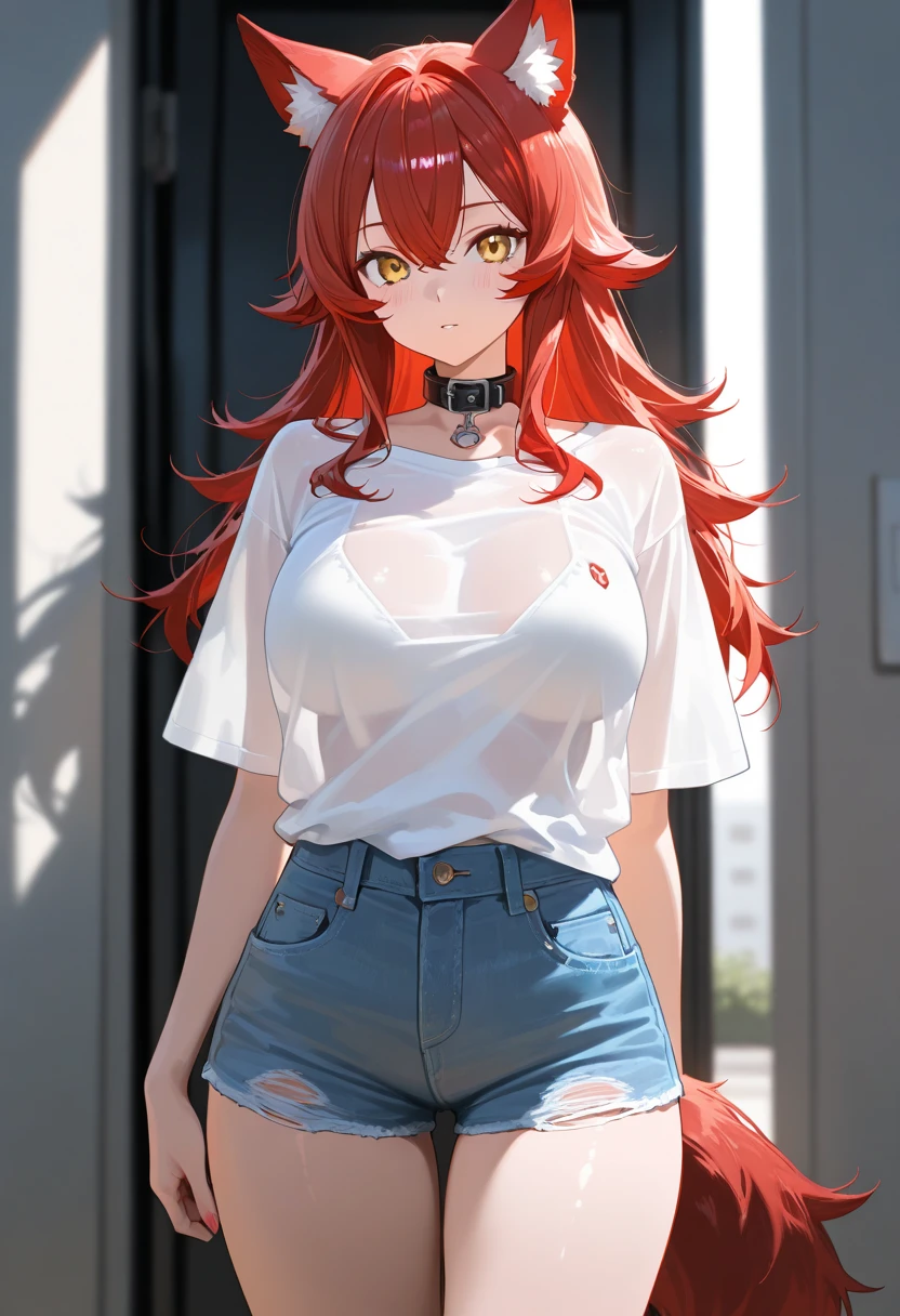 18 year old young girl, long haired redhead with blue eyes, Short white off-the-shoulder shirt, single-leg jeans in bright blue, serious look, sexy