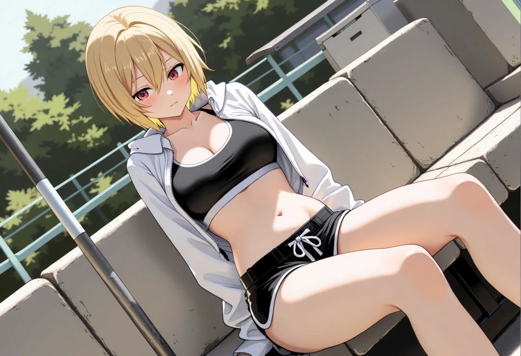 (((Pixel Perfect, Perfect detail))), (1 girl, alone), Chisato Nishikigi, short hair, bangs, Blonde, (Red eyes:1.5), Hair Ribbon, One side up, Bobcut, belly button, Exposing shoulders, Thighs, Stomach, Crop top, Bloomers, Sportswear, Zipper Pull Tab, red Bloomers, Sports Bikini, Sitting, (Between the breasts:1.3), (Showing panties:1.3), whole body