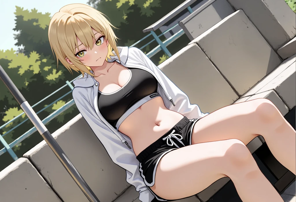 (((masterpiece))), ShizukaMikazuki, 1girl, solo, looking at viewer, short hair, long sleeves, cleavage, medium breasts, closed mouth, collarbone, jacket, open clothes, open jacket, blue jacket, ground vehicle, sports bra, bicycle,