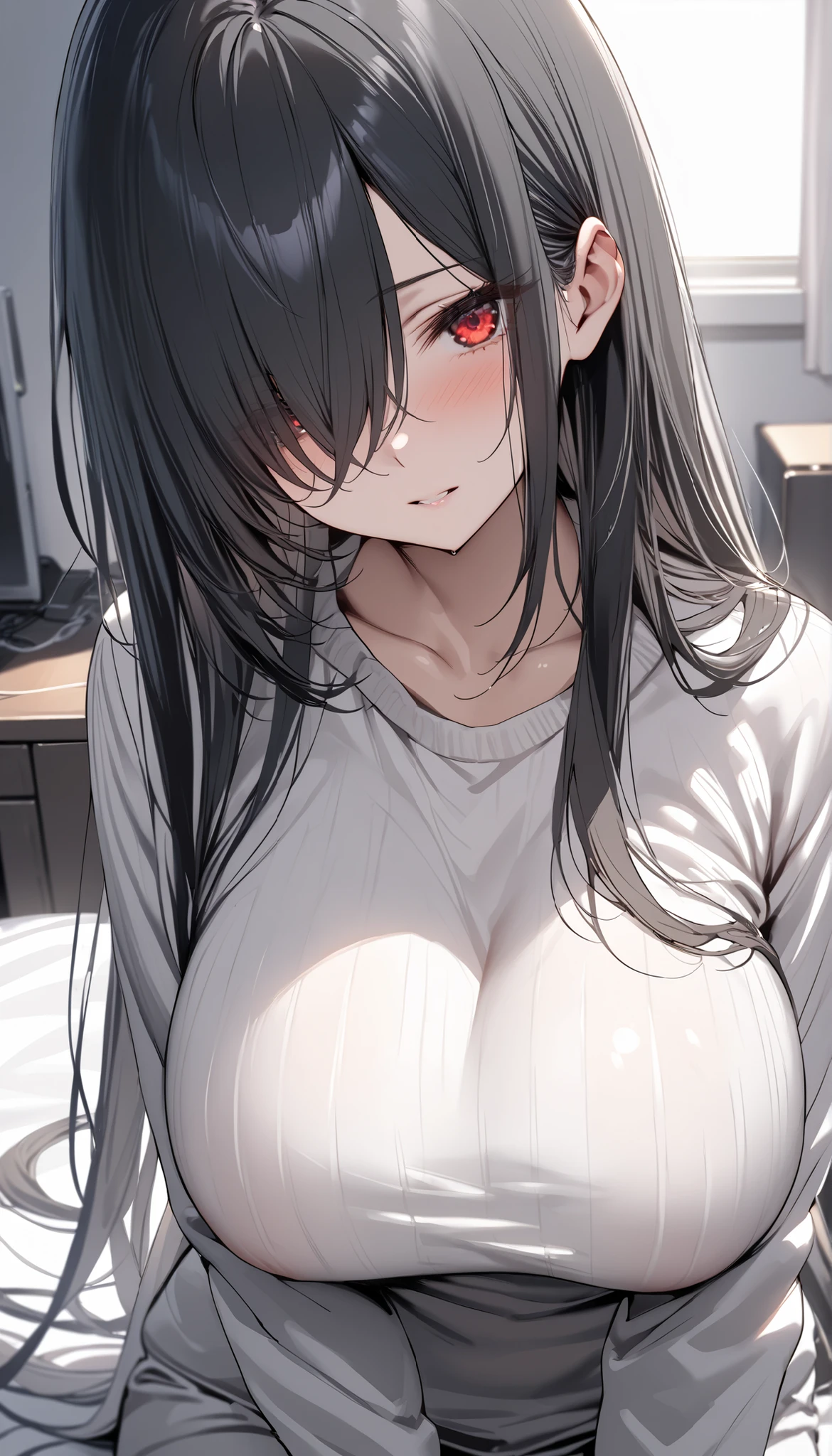 1girl,Solo,(red eyes and black eyes:1.3),light hair,grey eyes,best quality, very aesthetic, absurdres,eyes,breasts,attractive,adorable,simple,side locks,sideburns,bigbreast,(Gradient hair),(black hair:1.3),(Androgynous:1),(straight on),big breast,Good skin,straight hair,looking at viewer (red and black),(upper body,(wide),nsfw,Naked Shirt