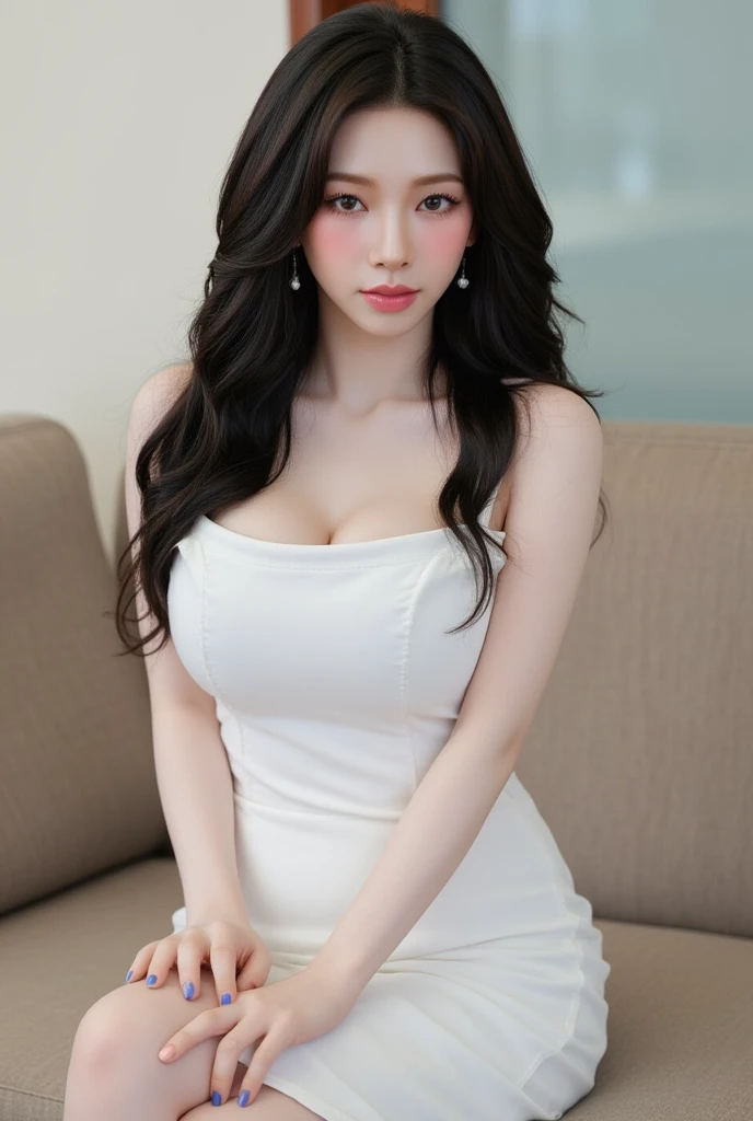 A korean woman, long black hair, black eyes, white mini appealing dress, earrings, light skin, sitting on couch, big breasts