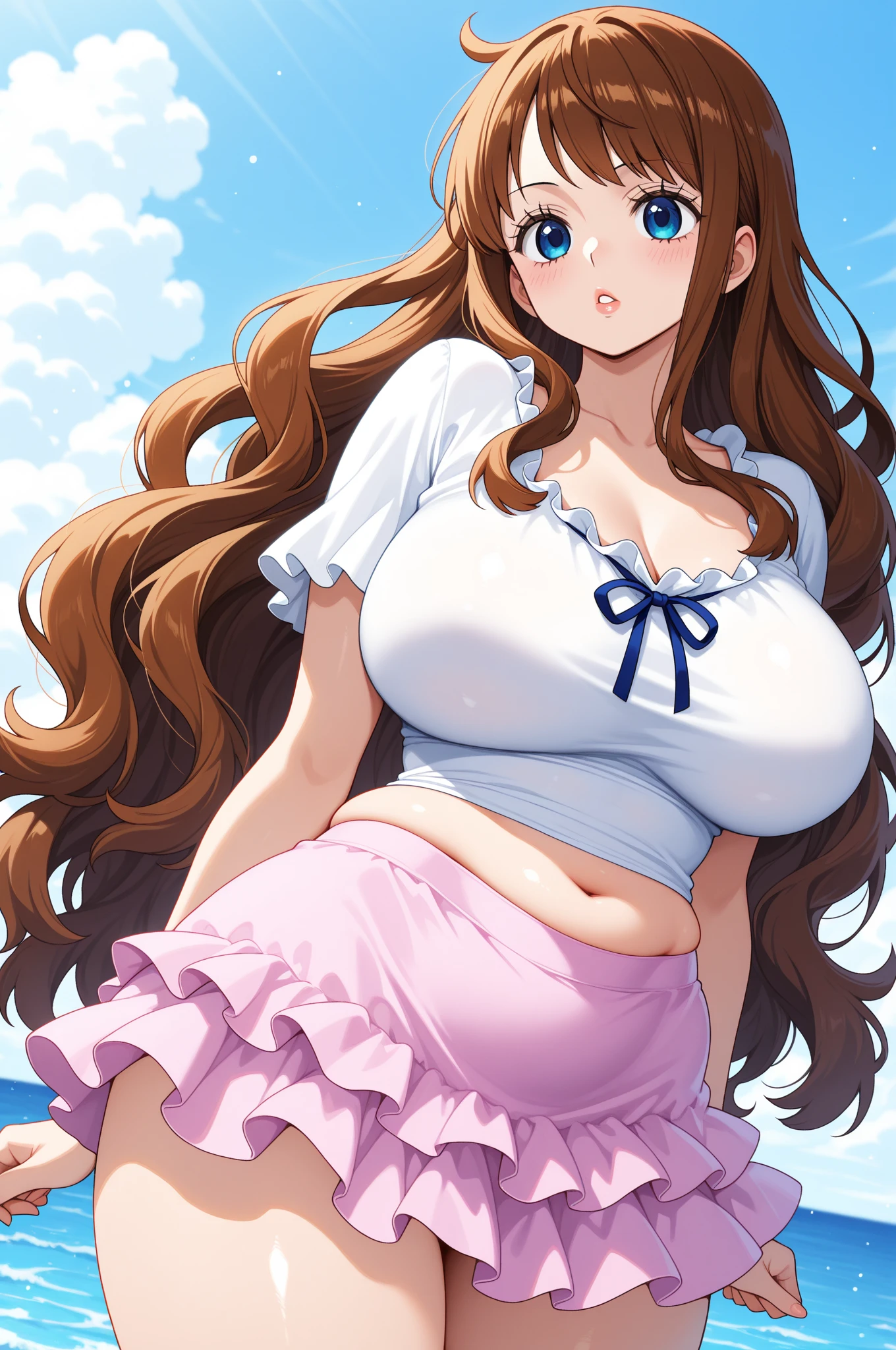 1girl, light red skin, large breast, medium brown fluffy hair, (bangs in side), brown eyes, (lift up red t-shirt), lift up blue skirt, spread legs, pleasure face, smile, open mouth, half open eyes, nude breast, nipples, view pussy, open pussy, cum in pussy, (perfect pussy), natural light, sun light, detailed shadow, in a meadow, lake background