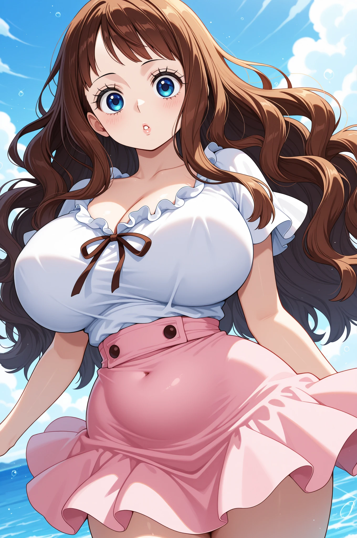 Hentai、High resolution、smile、Her breasts are super big、A chubby gal bathes in a faintly glowing spring in a dark rock cave、A frilly magical girl dress、Perfect proportions、Cowboy Shot、Fatty thick legs、Sweaty、Clear eyes