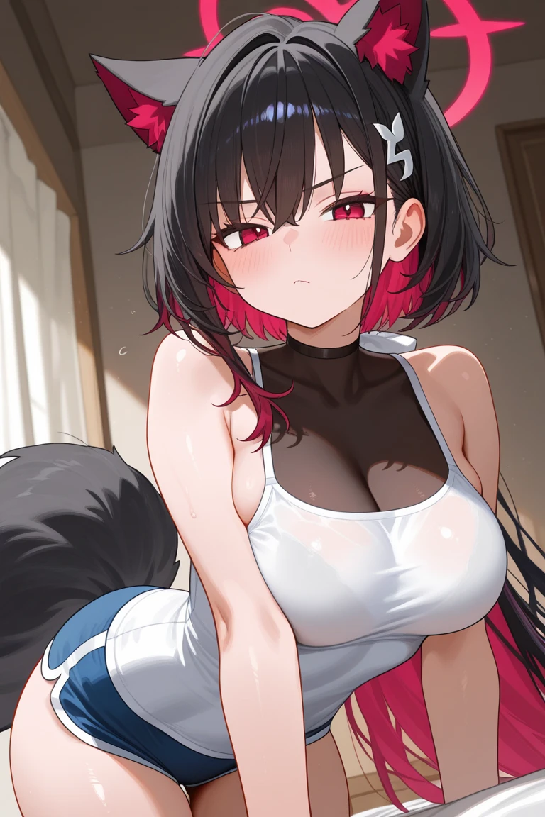 1girl, long hair, breasts, looking at viewer, blush, bangs, large breasts, black hair, navel, animal ears, cleavage, bare shoulders, medium breasts, closed mouth, standing, collarbone, tail, yellow eyes, thighs, solo focus, midriff, cat ears, collar, cat tail, animal ear fluff, bare arms,cat girl, neck bell, camisole, red shorts, red collar, smiling, bikini
