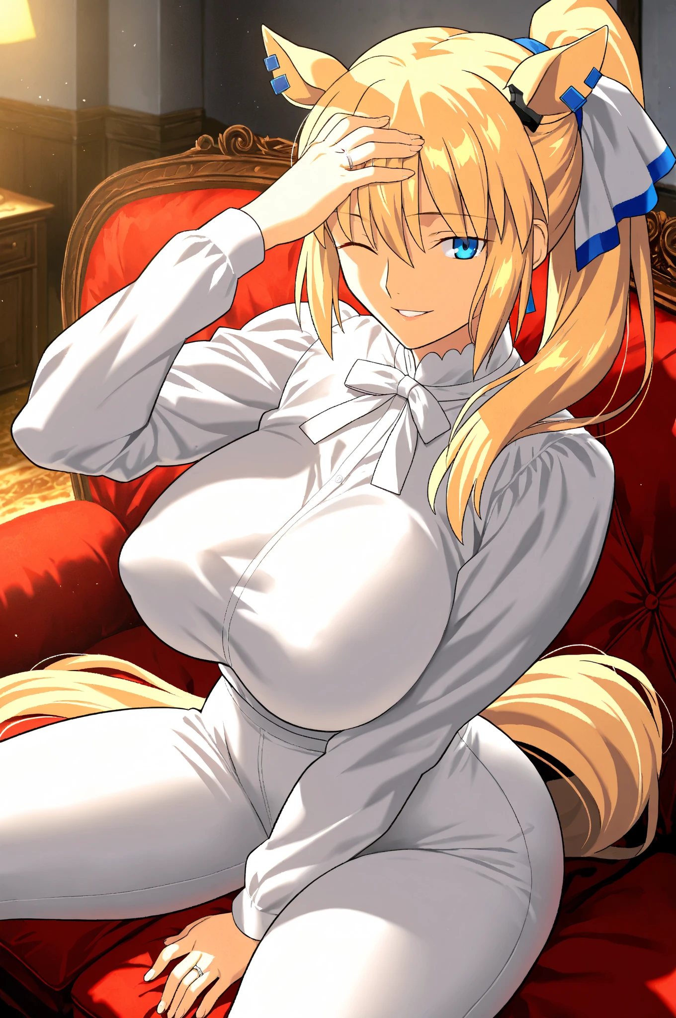 masterpiece, photoreal, high definition, slim waist, long legs, wet skin, huge ass, huge breasts, slim waist, long legs, best quality, absurdres, perfect anatomy, 1girl, solo, Sailormoon, (1990s \(style\), blonde hair, long twintails, smile, maid outfit, white thigh highs, legs spread, on bed, covered in cum, wet skin, cum drip, bukkake, breast milk, cum on face, cum on tits, open mouth