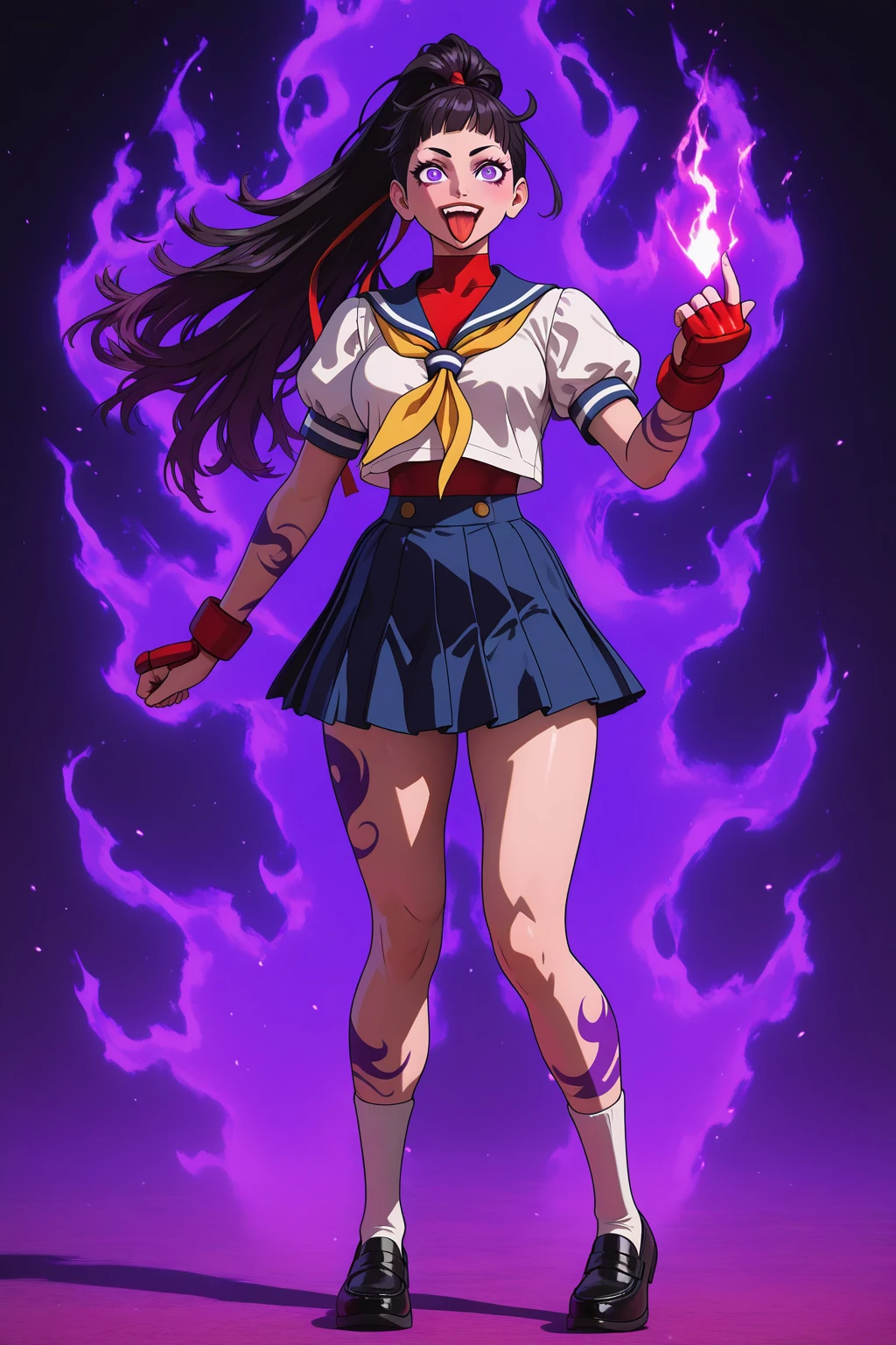 masterpiece, best quality, absurdres, giantess, 1girl, yamagishi yukako, teeth, scar, blood, giant, giantess, muscular, medium breasts, long hair, black hair, wavy hair, purple eyes, school uniform, rose, serafuku, teal shirt, short sleeves, teal skirt, dramatic lighting, bloom, backlighting, cowboy shot