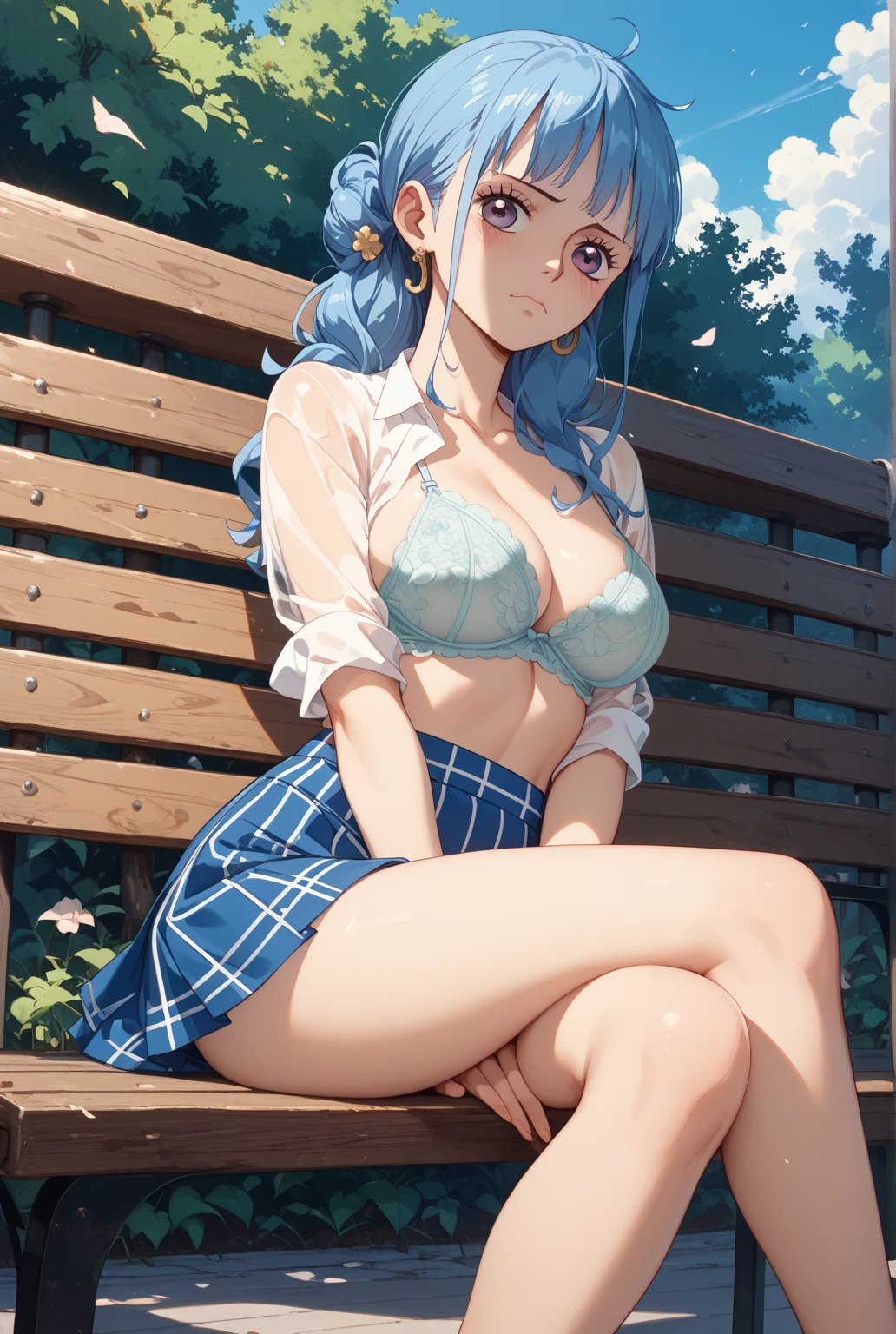 Masterpiece、最high quality、high quality、High definition、High resolution、High detail、Lens flare、Ray Tracing、high qualityのテクスチャー、high qualityの影、Beautiful details、Detailed explanation、Detailed texture、Realistic facial expression、Realistic and colorful、Delicate、Cinematic Light、Side light、Sharp Focus、(1 Girl:1.3)、(Intricate detailakeup、Pure Eros Face_v1:0.5)、(Details Beautiful delicate face、Detailed beautiful delicate eyes、Perfect Facial Proportions、Detailed skin、Charm)、Facial expression during orgasm、Fancy Twin Tails、Beautiful bangs、(Two-tone gradient hair color)、slender、(Upturned beautiful breasts)、Raise your arm and make a peace sign、(Detailed crotch、Open crotch、Showing off your crotch)、Female juice、Experiencing the best orgasm、(Spread your knees and open your legs)、Light-colored mini bikini、(Stretching the bikini strings with your fingers)、Light-colored V-cut、Light-colored thong、(Stretch the strings of your panties with your fingers)、Beautiful ass、Thigh mini skirt、Jacket、Low-angle composition、bench、(Take a deep breath、Work on this image step by step)