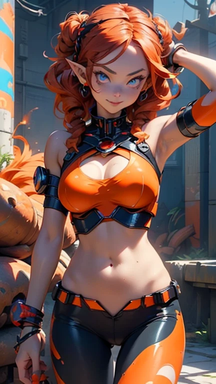 👙,((smile)),((Highest quality)), ((masterpiece)), (detailed), (Full body shot ),Soft look,One Girl, Orange Hair、whole body、Separate bikini,(Plugsuit Bikini),((Robot Girl、Mecha))、Broken Armor、Halo of the machine、Ceramic body、We, Popular anime characters "one piece". Realistic anime style portrait of a beautiful girl with long orange hair Wearing a bikini. Windmill and tangerine tattoo on right shoulder、Dreamy and playful expression, Calm brown eyes, New ripple effects, bright red, Orange and yellow, Dramatic lighting, Highly detailed digital art