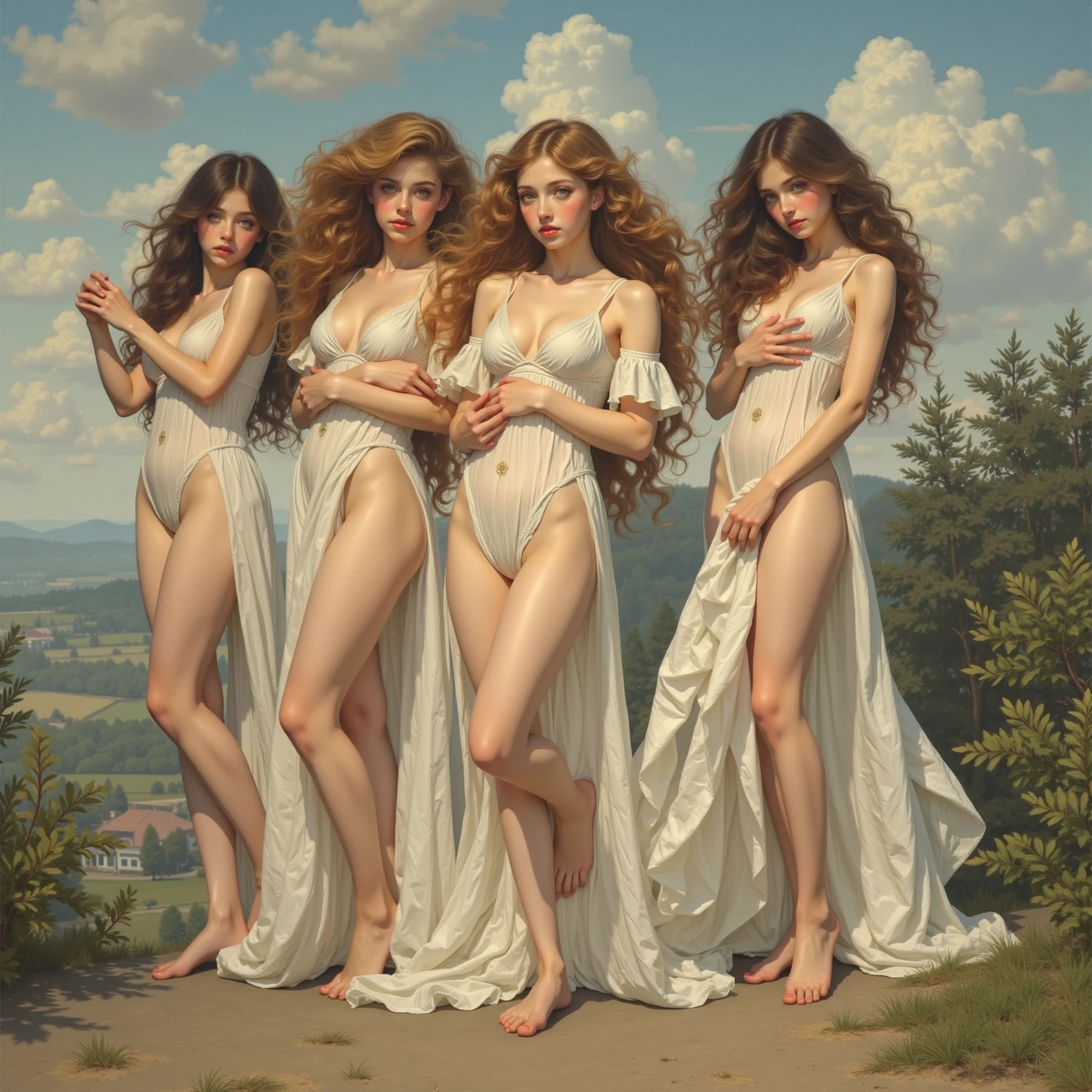 ll body many giant greek woman take a bath and talking together, river, water, litter flower, plan, tree far away, dramatic sky, dramatic cloud, on a dust field, full body, naked, female greek,female greek god, white hair, hairy torso, fantasy, intricate, elegant, highly detailed, digital painting, artstation, concept art, smooth, sharp focus, illustration, art by gaston bussiere and alphonse mucha, naked