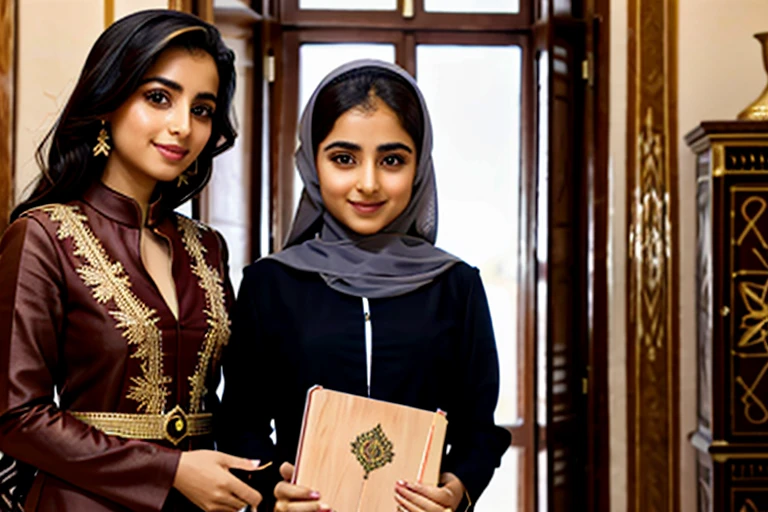 Brown-haired girl in a library reading a book next to a fairy godmother in a magic robe