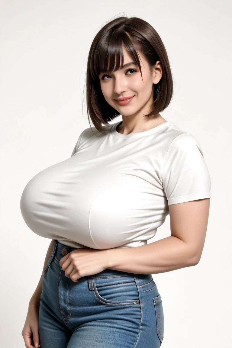 8K、超A high resolution、Best Quality、masuter piece、Photorealsitic、The ultra -The high-definition、(huge tit、Pretty big breasts、Must have a very toned body:1.18)((Always wear a white T-shirt dress)、Always show your side、Always do squats、Always panty shots:1.28)(Brown hair short bob、A Japanese Lady、Super cute、Cute smile、Drama filming location:1.15)
