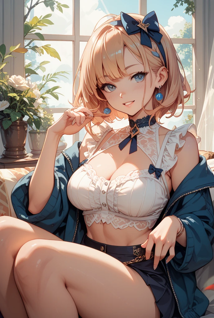 Melody Mark,Absurd, Very detailed,Bright colors,Look straight,(Sleeveless lift:1.6),(Fashionable bras:1.5) ,short hair, , Asymmetrical bangs, short twin-tailed blonde hair, Shiny Hair, Delicate and beautiful features, blush、(Deep blue eyes:1.3), White skin, Valletta, Earrings, necklace, Brown clothes, Beautiful Clouds, Twilight Sky,garden