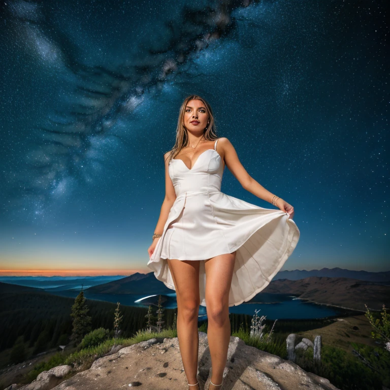 A detailed portrait of a girl outdoors at night, looking at the starry sky with the milky way, surrounded by a night cityscape with buildings silhouetted against the night sky, long light blonde hair. wearing a long revealing dress, curvy body (best quality, 4k, 8k, extremely detailed body, stars, landscapes, starry night, Aurora night, 1 girl. beautiful woman.