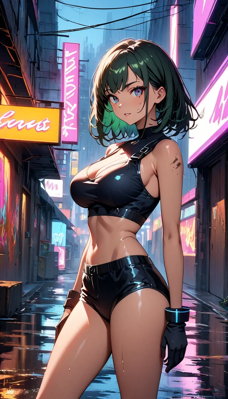 1 girl, medium, (((big ass))), {{{wearing short bikini}}}, (Dark green hair), (((green eyes))), ((((bob hair cut)))), (in the city at night walking down the street and people looking at her), scenery very detailed, (slender), (thin waist), (butt only), large and well-toned ass, (slim and muscular leguscular belly, wearing a high heel shoe, (((full body photo))) , (Standing), perfect body, perfect legs and well detailed, perfect eyes with reflection in the eyes, sweaty body, perfect and ultra detailed hands, perfect and ultra detailed fingers, perfect nails and painted black, shiny hair, twintails , glowing eyes, eye flare, (cute smile), anime, anime style, ray tracing, glare, drop shadow, panorama, Sony FE, 8K, high definition, artwork, accurate, anatomically correct, super detail, best quality , high resolution, high definition, 16K, hdr
