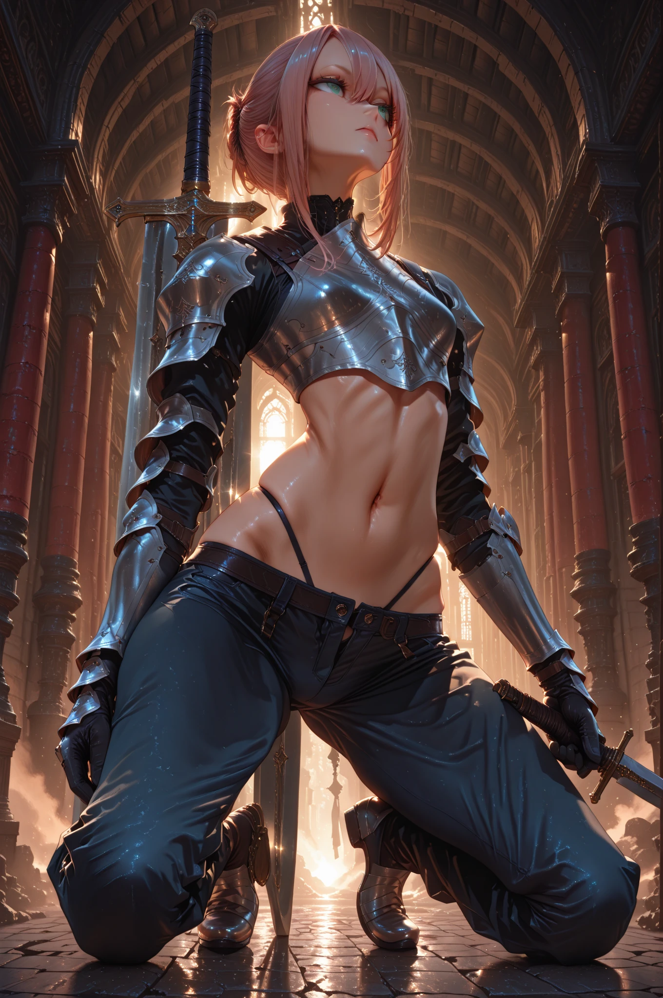 a (slim) (effeminate) androgynous muscular lean warrior boy, 1boy, short blond hair, very thin waist, ((arched ass)), (female sexy torn light armor), Low-rise pants, high waist thong, ass up, (high angle), (long shot), zoom out, full body shot, (best quality,4k,8k,highres,masterpiece:1.2),ultra-detailed,(realistic,photorealistic,photo-realistic:1.37),chiaroscuro lighting,dramatic lighting,highly detailed face,extremely detailed and intricate,cinematic lighting,cinematic composition,seductive, blushing, defenselessness ((in medieval battlefield background))