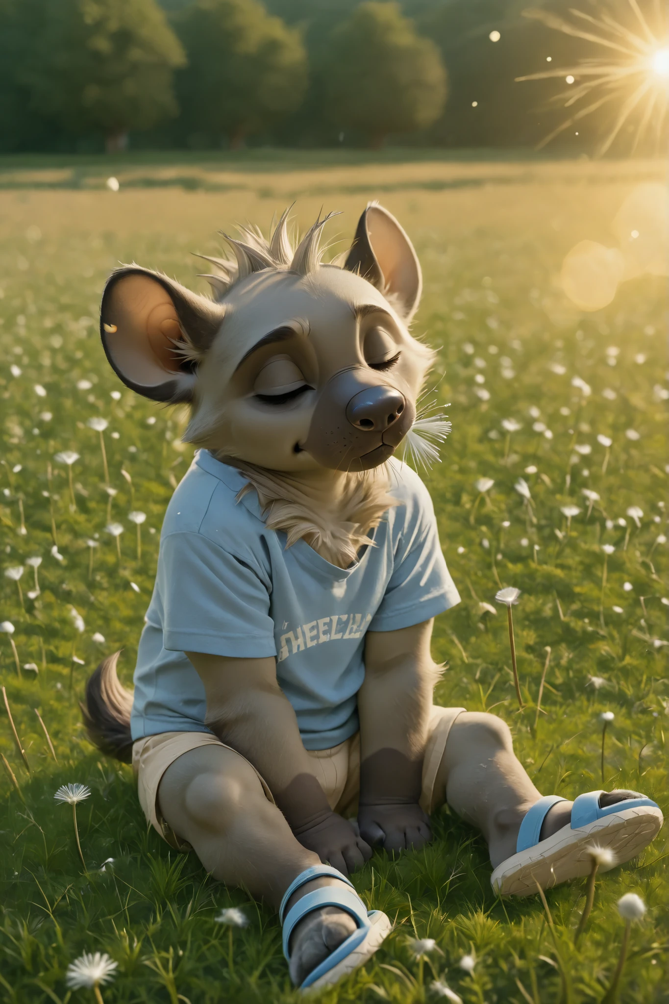 masterpiece, best quality, ultra-highres, ((dandelion seeds floating)), ((gentle blowing)), ((closed eyes)), ((peaceful expression)), ((grassy hill)), ((school visible in distance)), ((scattered dandelions)), ((floating seeds in sunlight)), ((summer breeze)), ((casual weekend clothes)), soft afternoon light, lens flare, whimsical mood

young furry male, male focus, no humans, 1boy, ((anthro)), plantigrade, Cheezi, hyena boy, yellow sclera, dark grey spotted fur, short tail, ((blue sports sandals)), 
