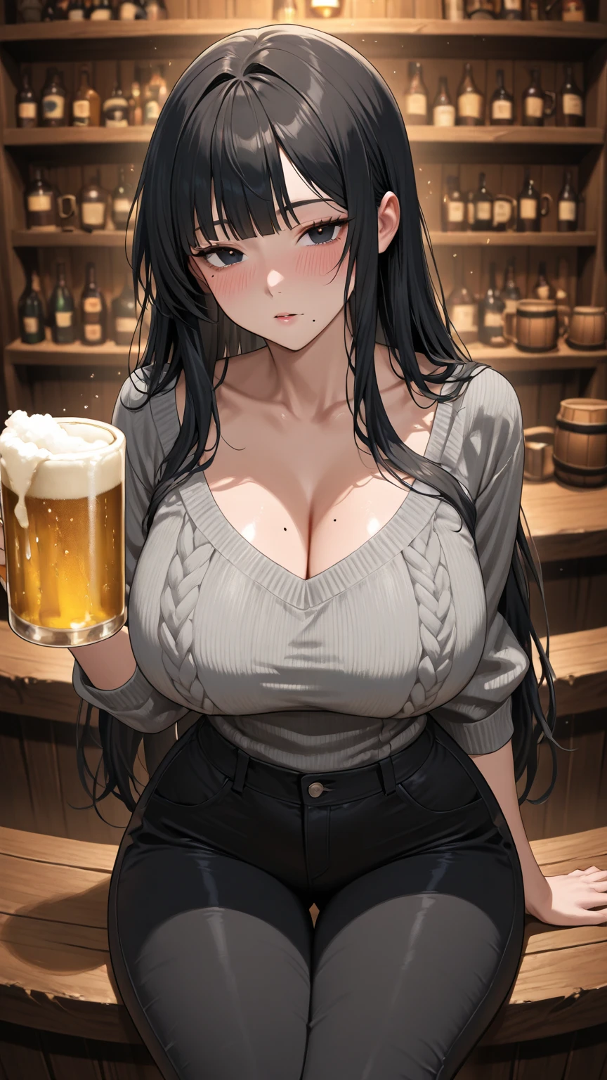 light particles, soft lighting, volumetric lighting, intricate details, finely detailed,
1girl, solo,
Black hair, long hair, flowing hair,
Blue eyes, long eyelashes, thick eyelashes, looking at viewer, Holding a beer cup, Drunk, smiling,
Untucked Unbuttoned Opened White Shirt with rolled up sleeves, Chest bursting out her shirt, Black Pants, black bra,
black background, simple background,