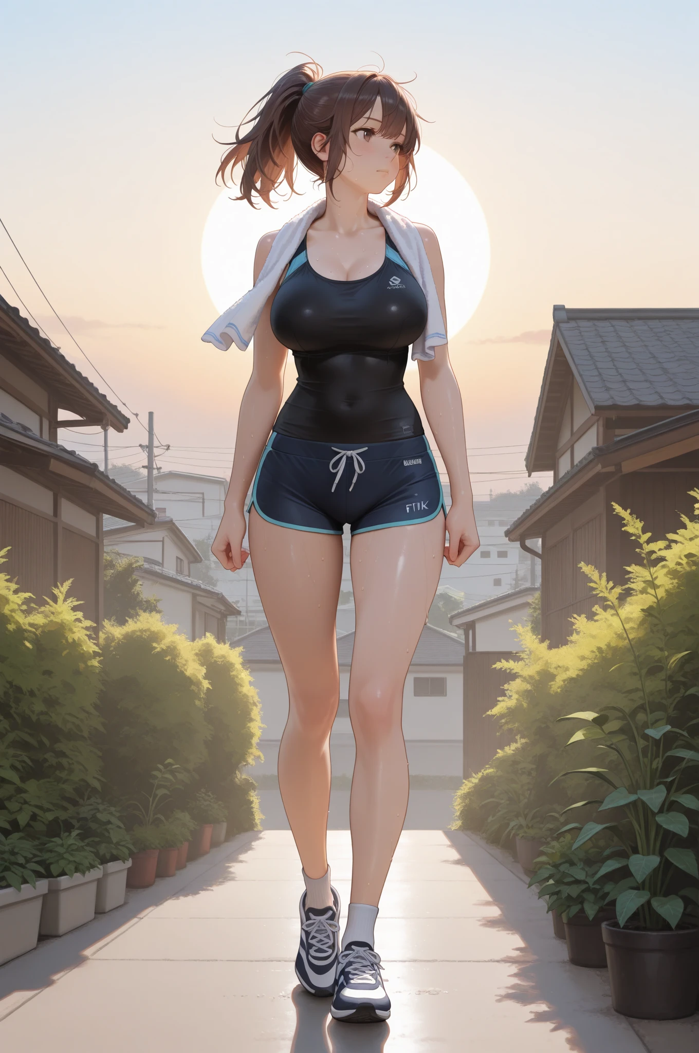 score_9,score_8_up,score_7_up,masterpiece,best quality, source anime, realistic, super detailed, extreme detailed, rating_safe,
1girl, walking, full body, street, Tokyo, city, 
BREAK girl, 22yo, short hair, bob cut, (blunt bangs), black hair, (tareme, detailed cute brown eyes), curled eyelashes, (large breasts:0.9), 
shiny hair, beautiful detailed eyes, beautiful face,
blush, smile, (steam),
one-piece swimsuit,