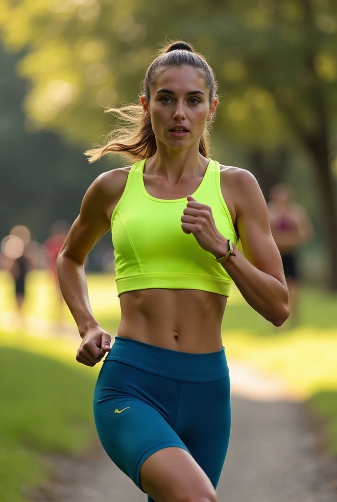 A beautiful athletic woman, 30 years old, wearing a lime green halter top, red running shorts with white trim, brown hair, ponytail, getting away from pursuers, wet skin